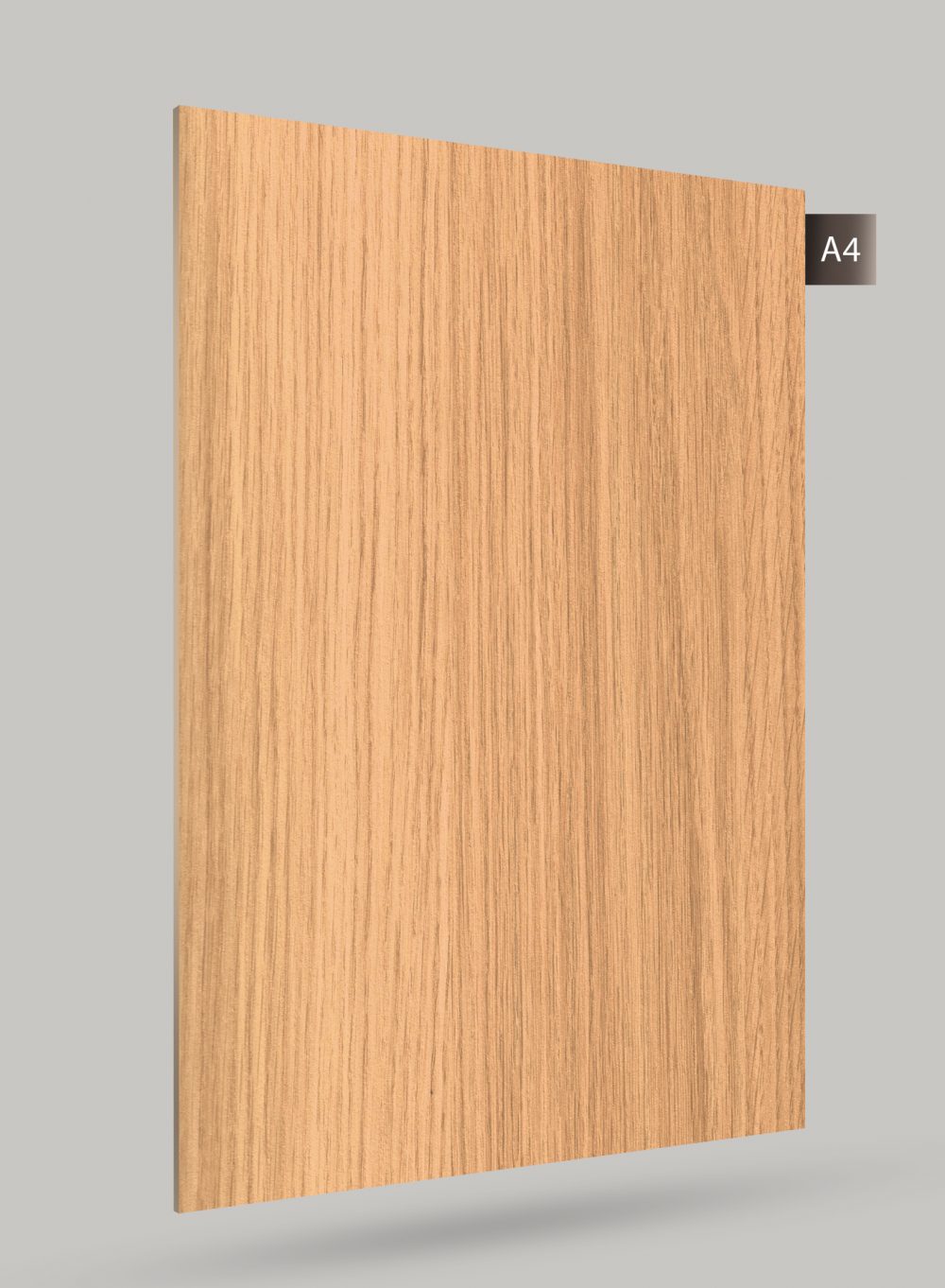 Beige wood grain decorative laminate with matte finish and vertical wood texture pattern on a light gray background