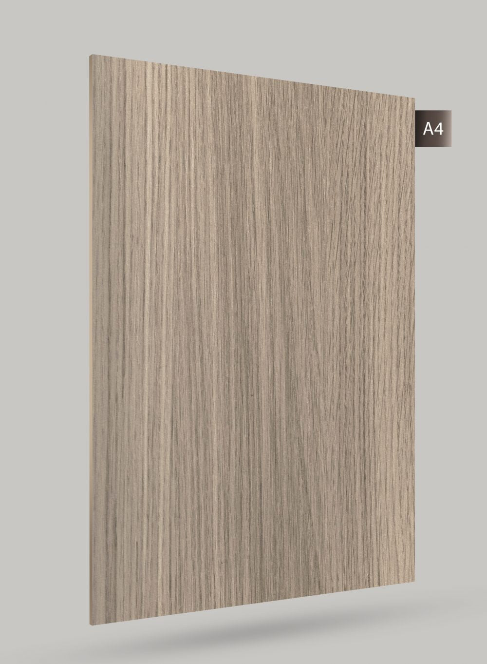 Grey wood grain decorative laminate with matte finish and vertical wood pattern texture.