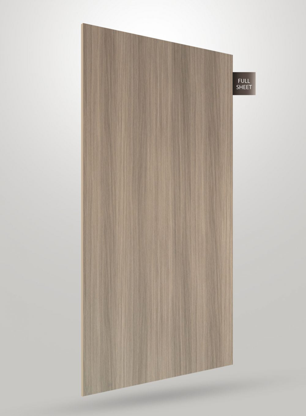 Grey wood grain decorative laminate sheet with matte finish and vertical wood pattern texture, labeled full sheet.