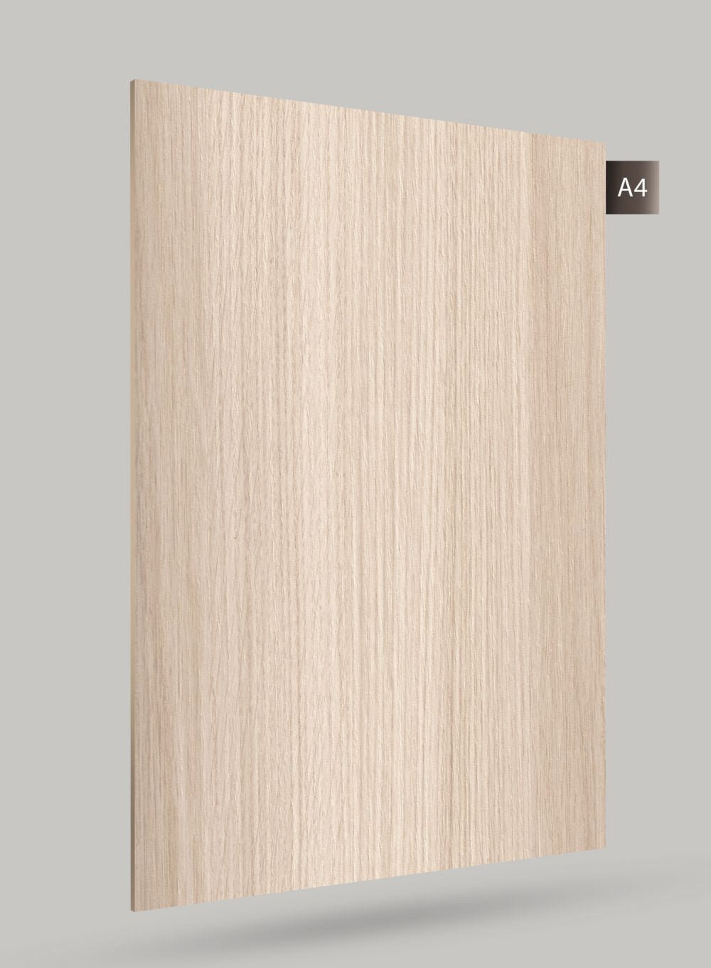 Beige wood grain decorative laminate with matte finish and vertical wood texture pattern on a light grey background.