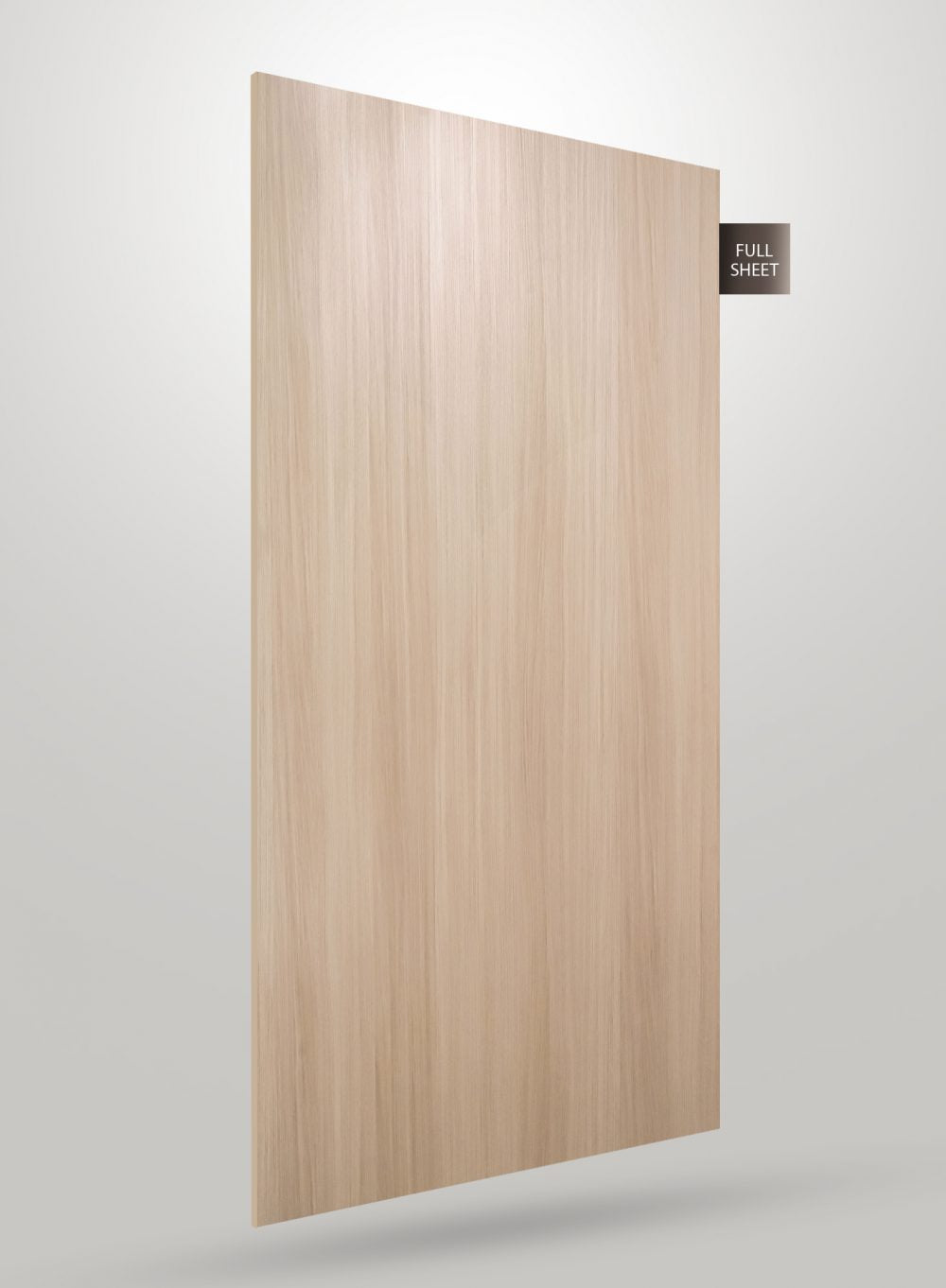 Beige wood grain laminate sheet with matte finish and vertical wood pattern displayed on a white background with full sheet