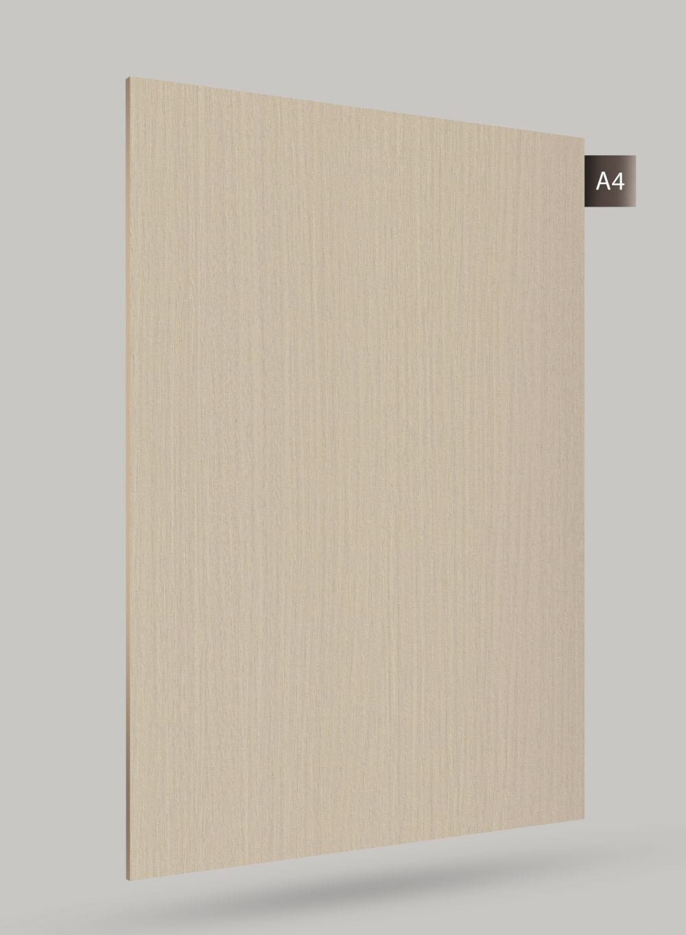 Beige wood grain decorative laminate with matte finish and vertical wood texture pattern on a light grey background