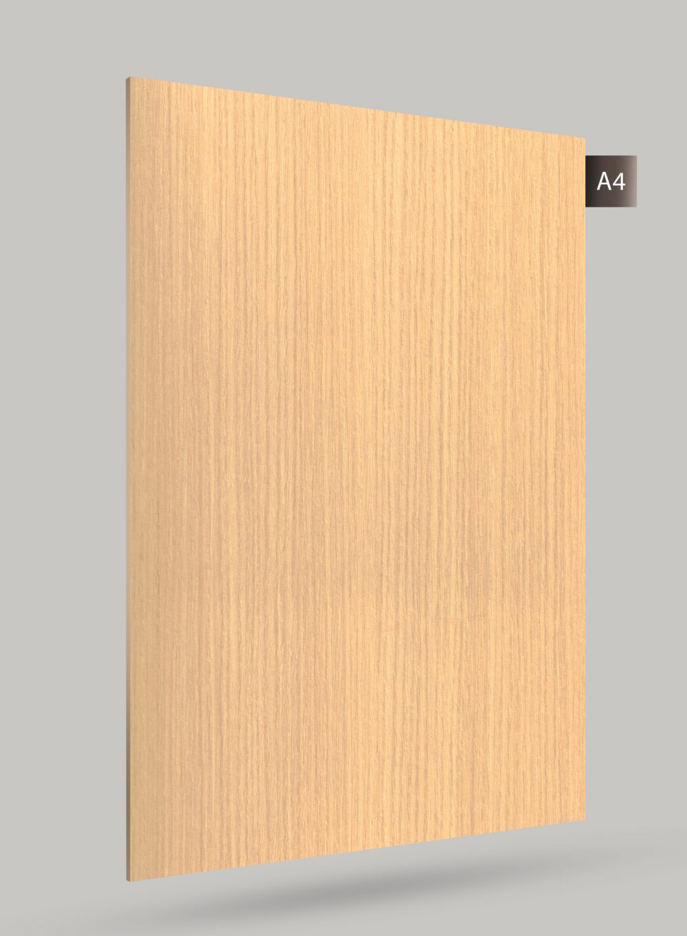 Beige wood grain decorative laminate with matte finish and vertical wood pattern on a grey background