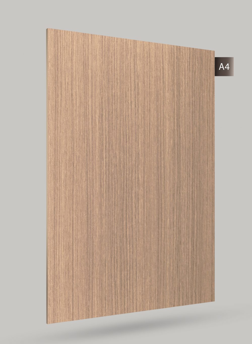 Brown wood grain decorative laminate with matte finish and vertical wood texture pattern on a rectangular sheet.