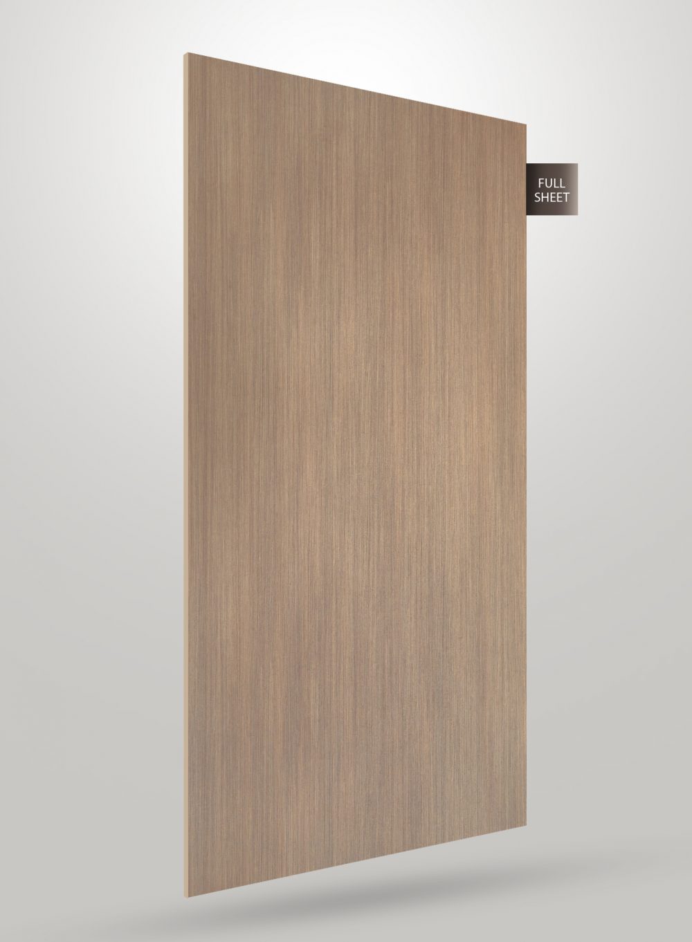 Brown wood grain laminate sheet with matte finish and vertical grain pattern, labeled full sheet.