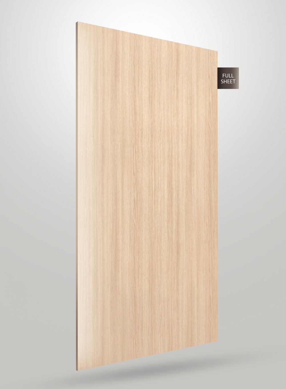Beige wood grain decorative laminate sheet with matte finish and vertical wood pattern on a gray background.