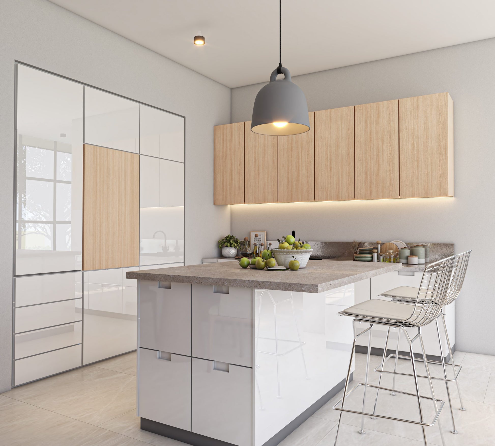 Beige wood laminate kitchen cabinets with matte finish and wood grain texture in modern interior design setting.