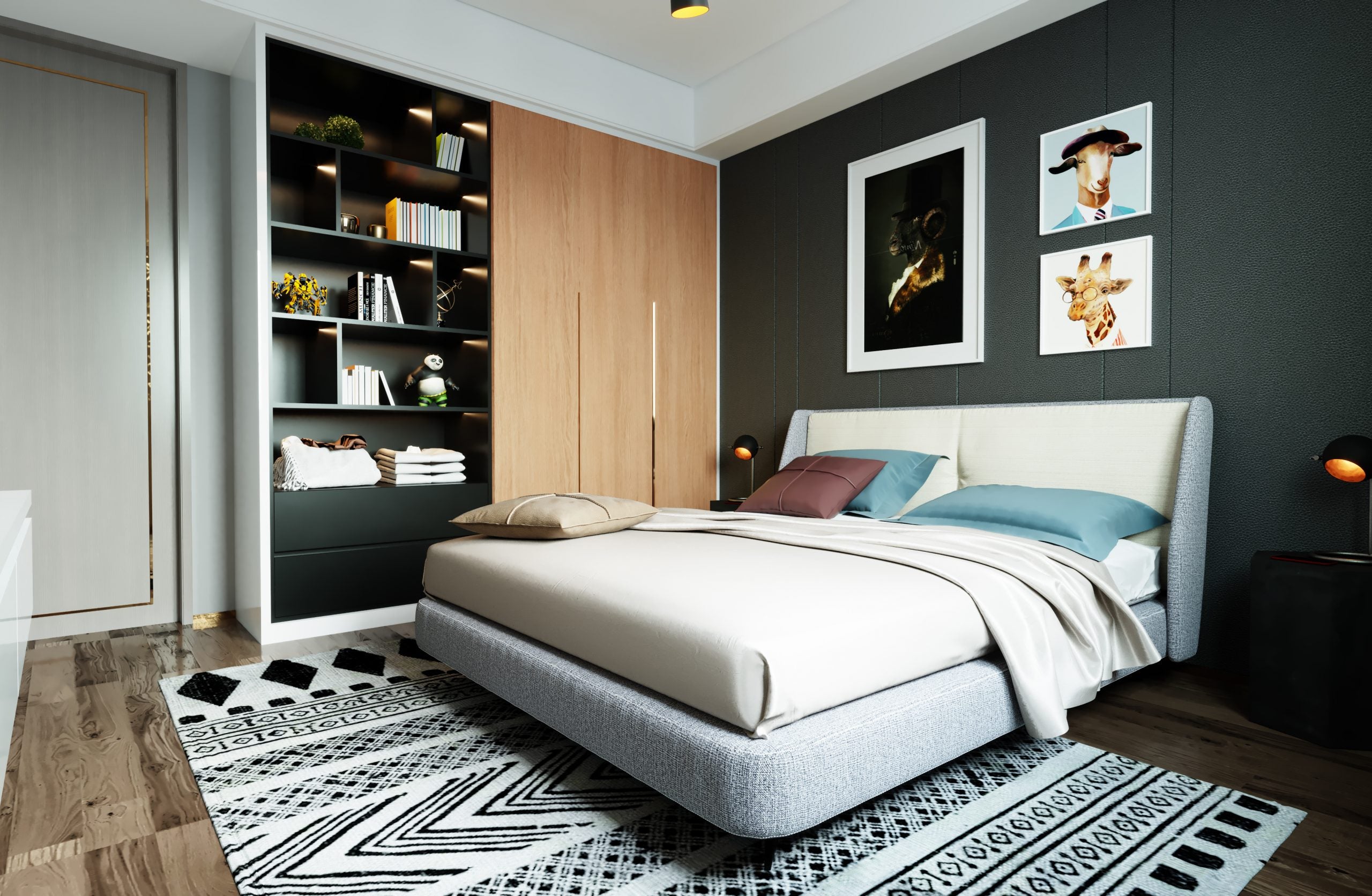 Beige wood grain laminate used on wardrobe and flooring in modern bedroom with dark walls and patterned rug