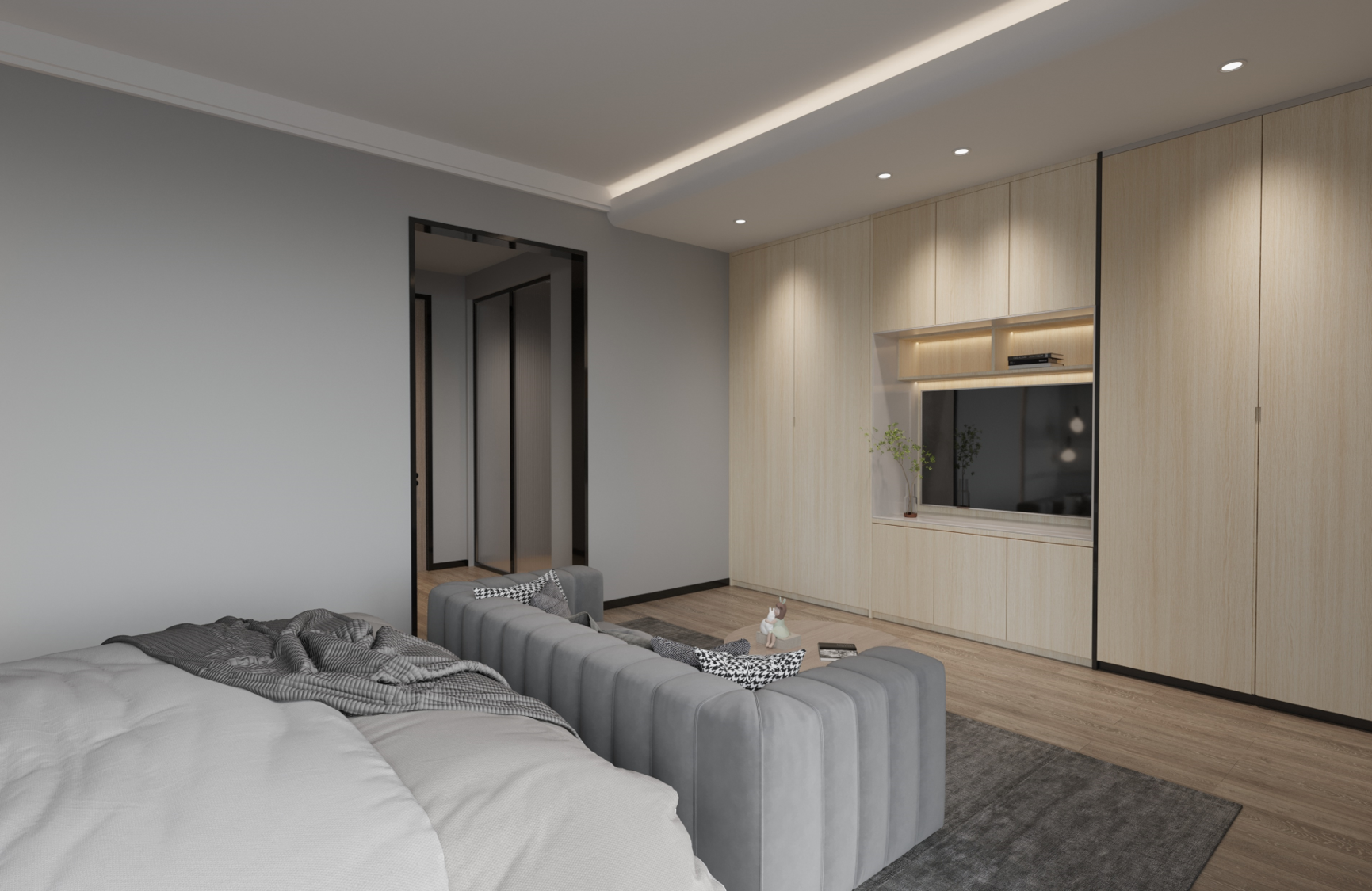 Beige wood grain laminate used on wall panels and floor in modern bedroom with gray furniture and decor.