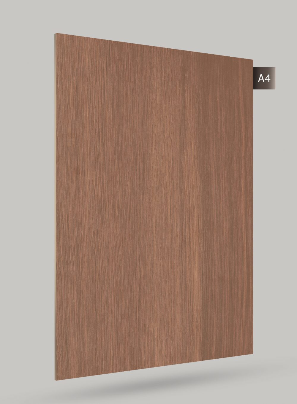 Brown wood grain decorative laminate with matte finish and vertical wood pattern texture.