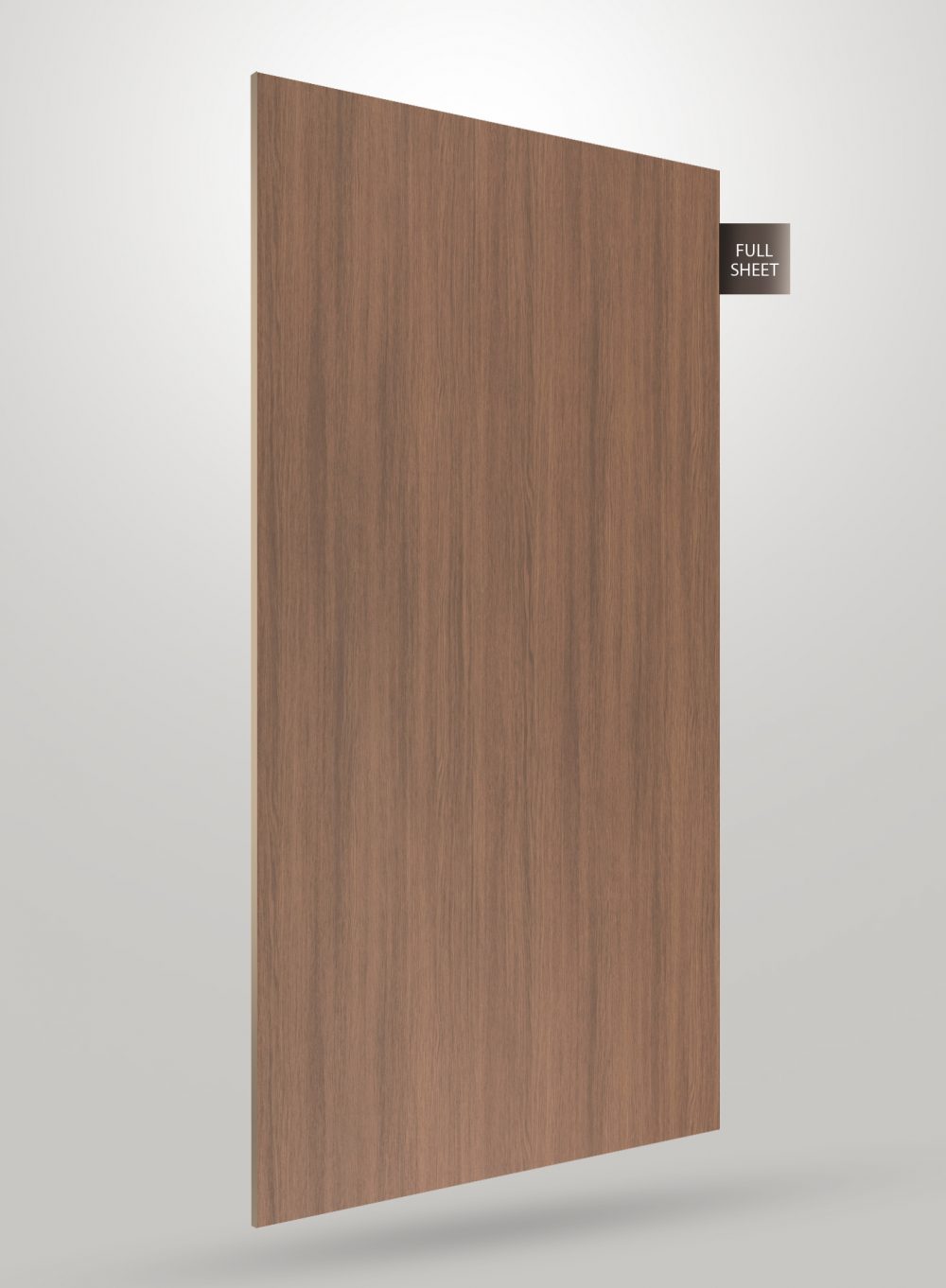 Brown wood grain laminate sheet with matte finish and vertical grain pattern displayed at an angle.