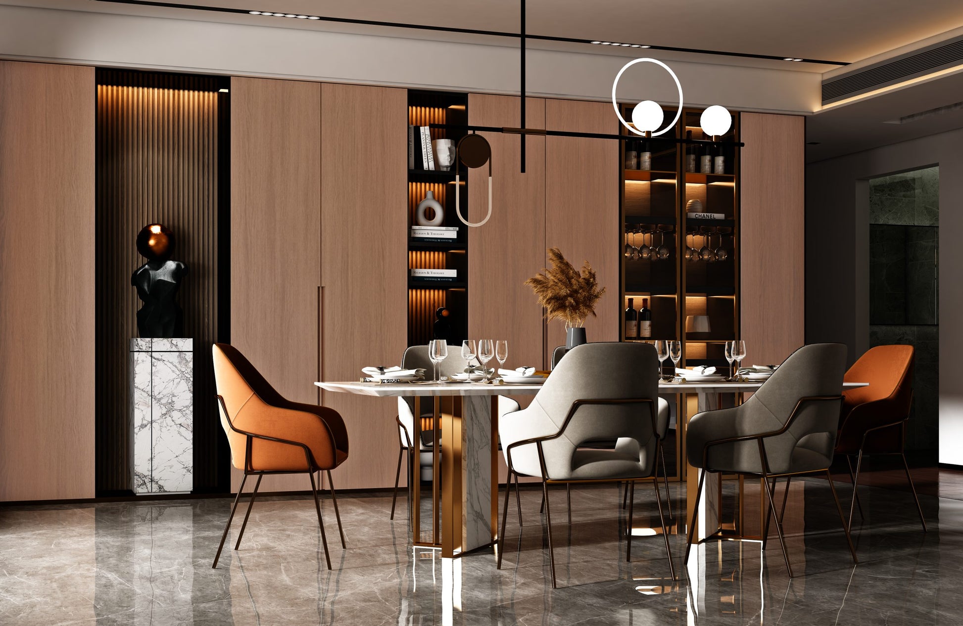 Brown wood laminate used on modern dining room wall panels and shelves with subtle wood grain texture and matte finish.