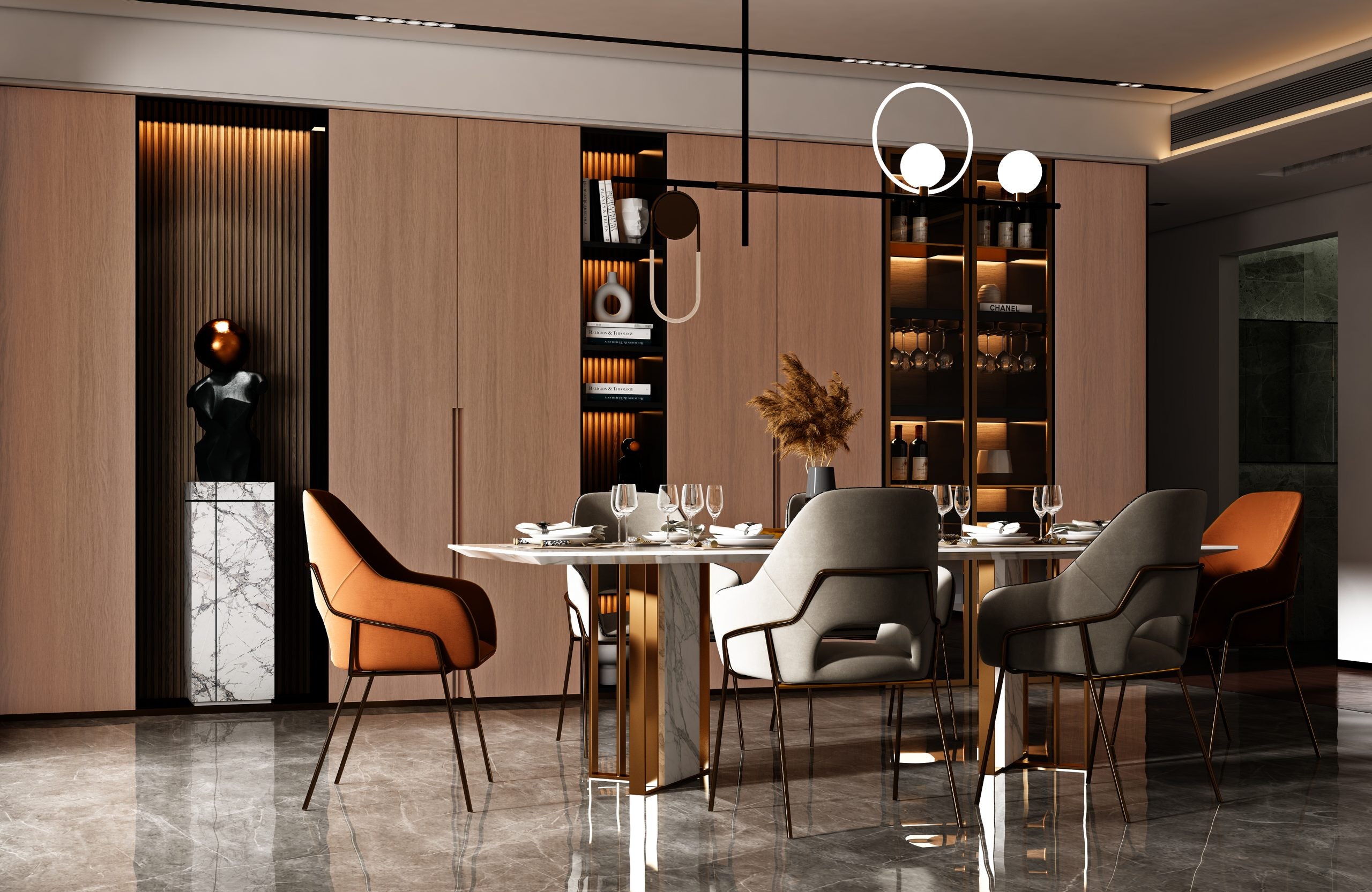 Brown wood laminate used on modern dining room wall panels and shelves with subtle wood grain texture and matte finish.