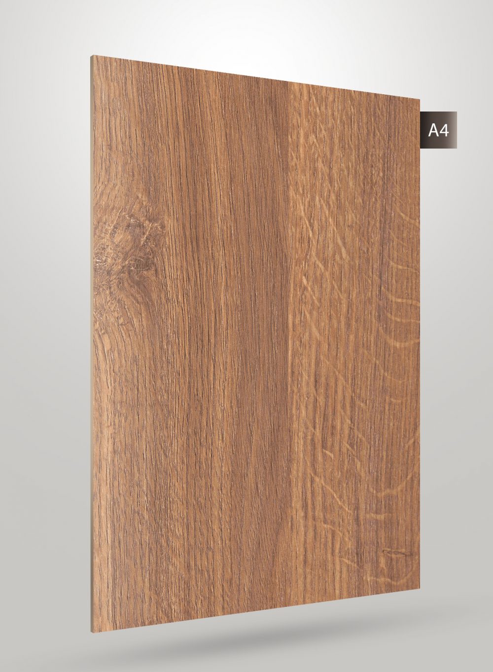 Brown wood grain decorative laminate with matte finish and visible wood texture and pattern on rectangular sheet.