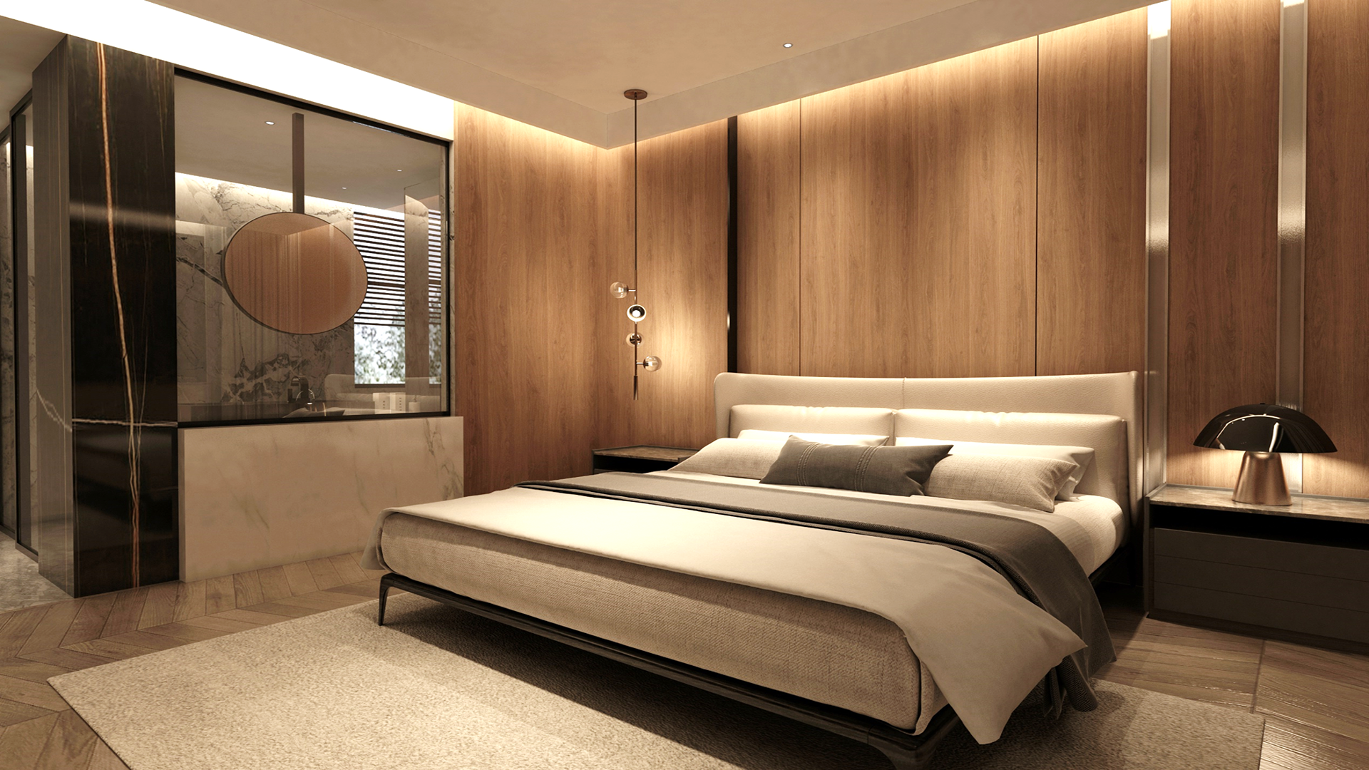 Brown wood laminate wall panels with matte finish in a modern bedroom interior with soft lighting and minimalist decor