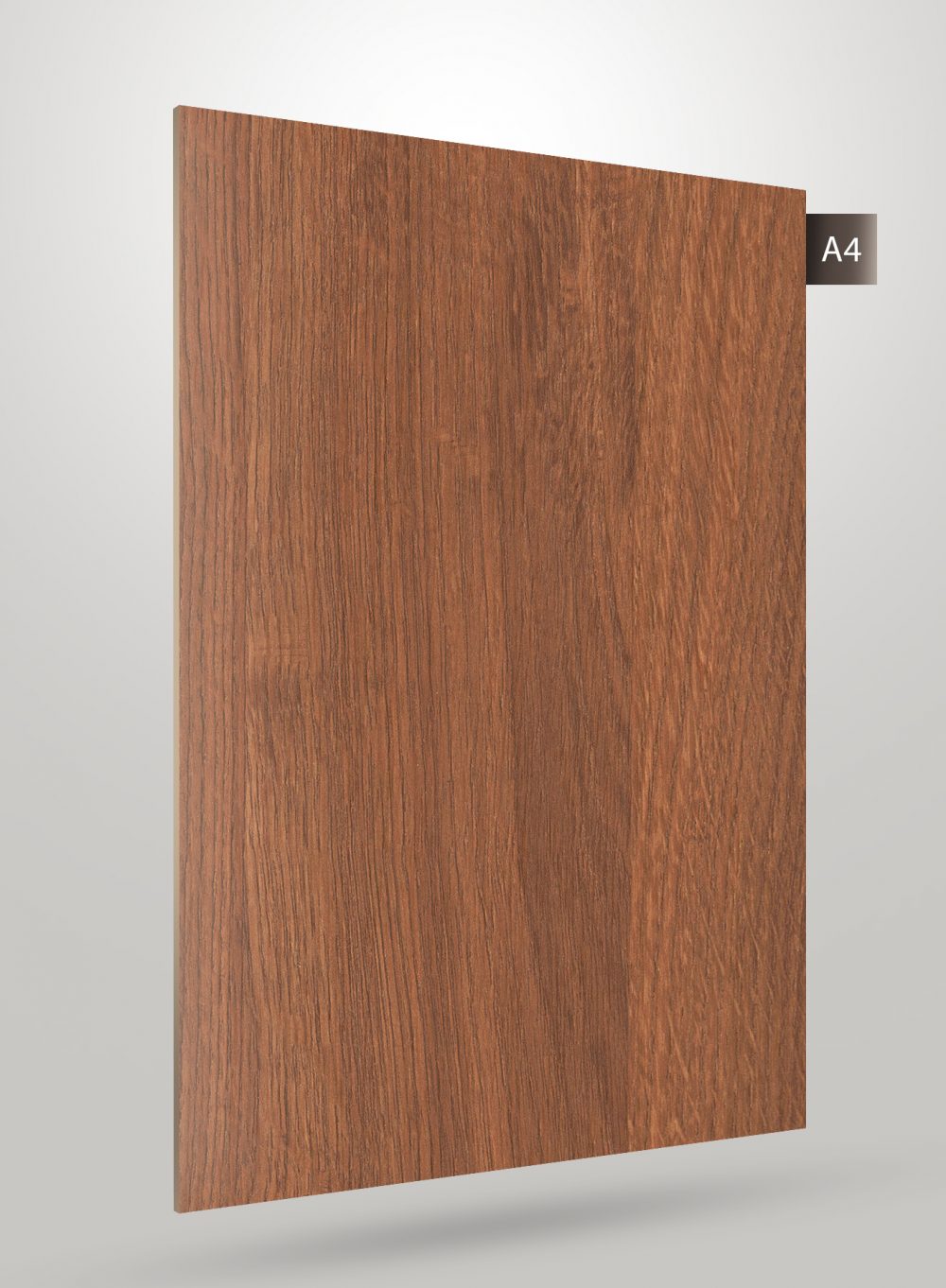 Brown wood grain decorative laminate with matte finish and vertical wood pattern texture on a sample sheet.