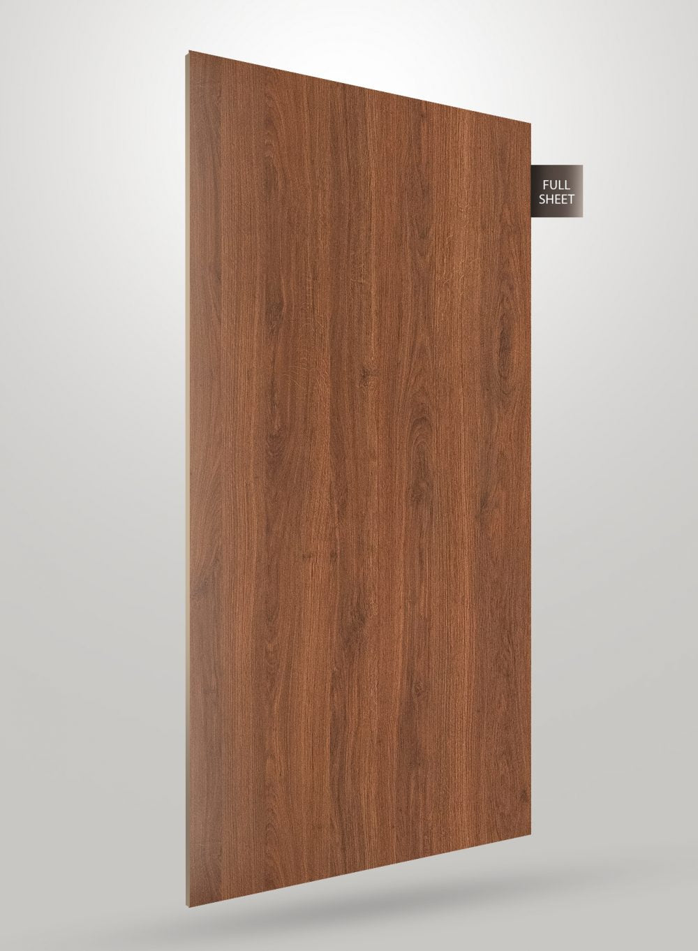 Brown wood grain decorative laminate sheet with matte finish and visible wood texture, labeled full sheet.