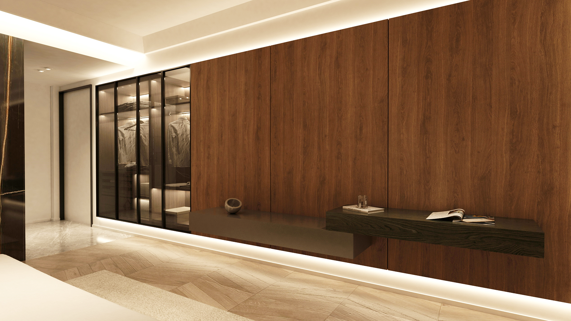 Brown wood grain laminate wall with matte finish in modern interior setting with sleek shelf and glass closet doors
