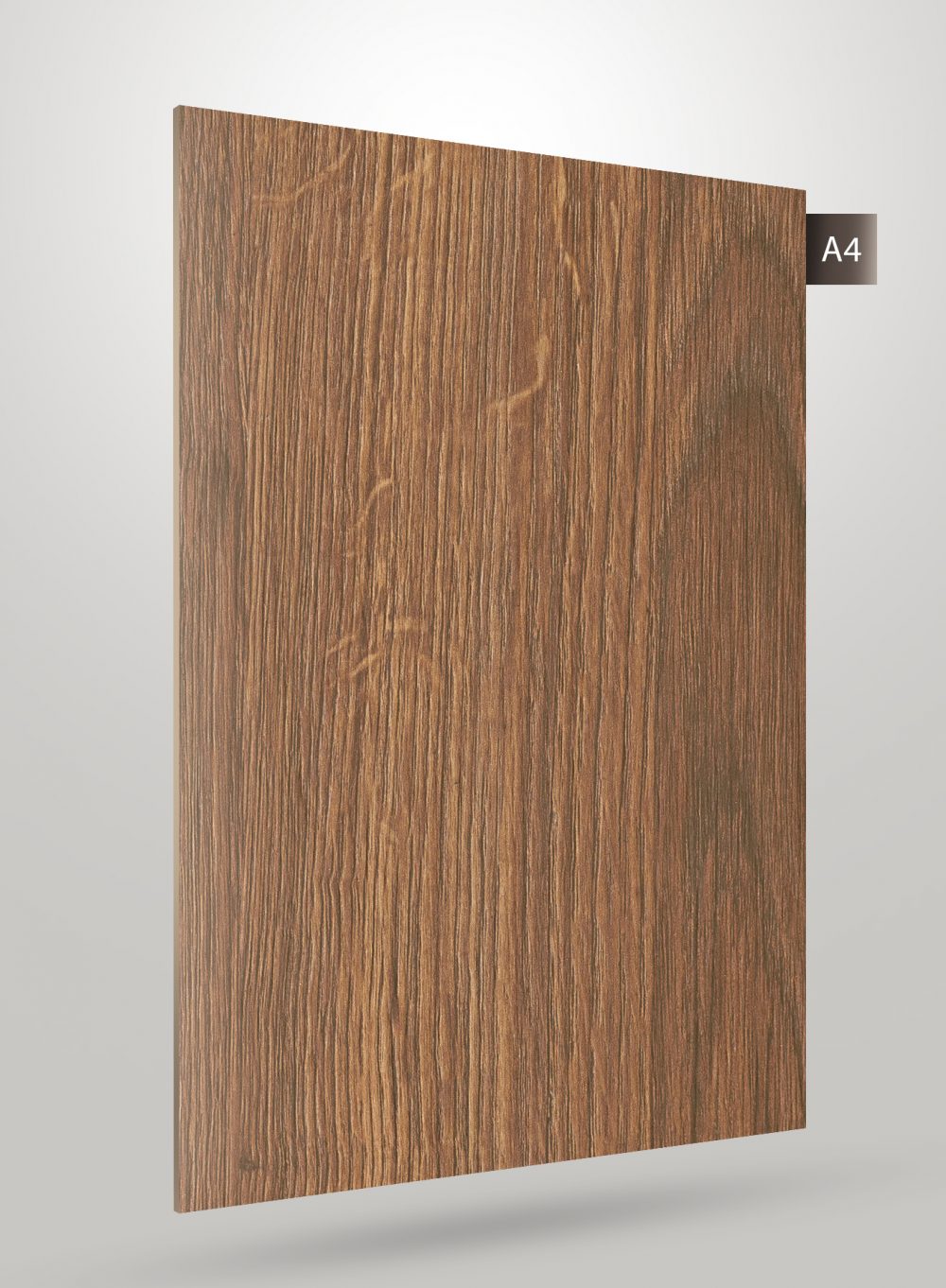 Brown wood grain decorative laminate with matte finish and vertical wood pattern texture.