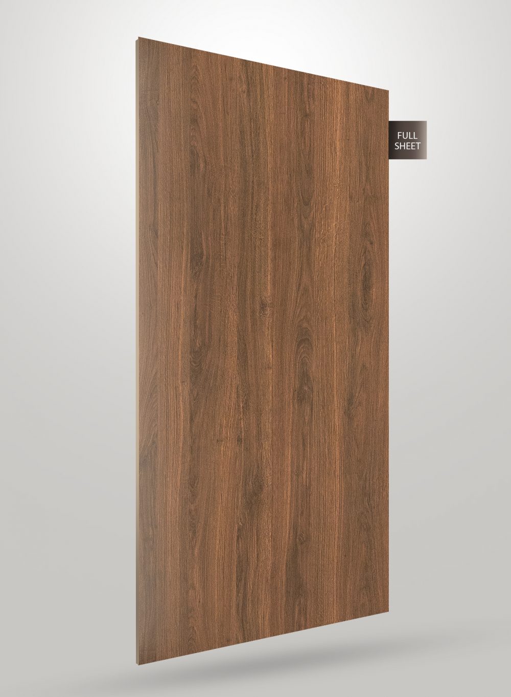 Brown wood grain decorative laminate sheet with matte finish and visible wood texture, labeled full sheet.