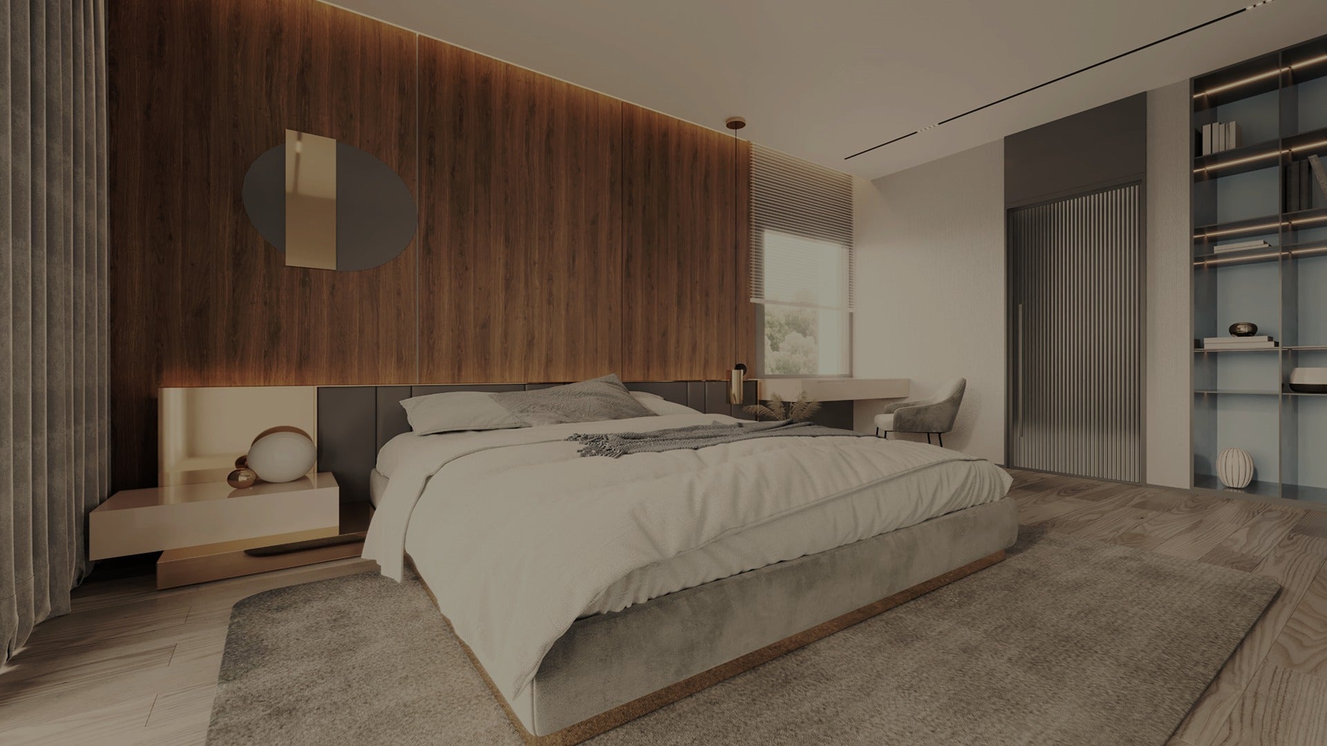 Brown wood laminate wall in modern bedroom with bed and shelving unit, showing wood grain texture and matte finish.