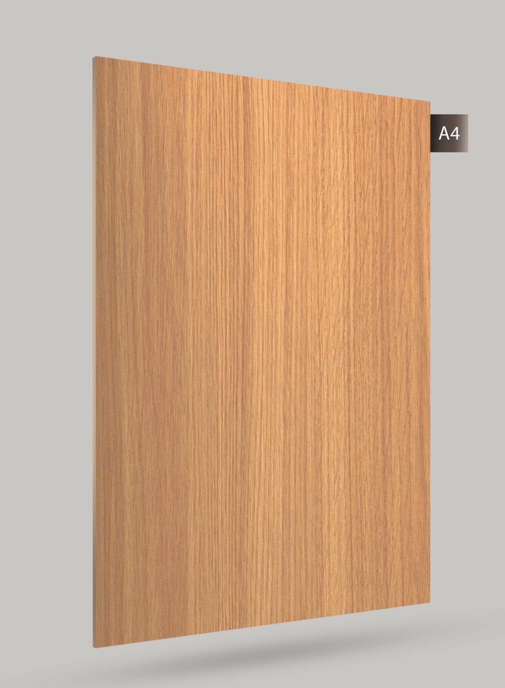 Brown wood grain decorative laminate with matte finish and vertical grain pattern, displayed on a grey background.