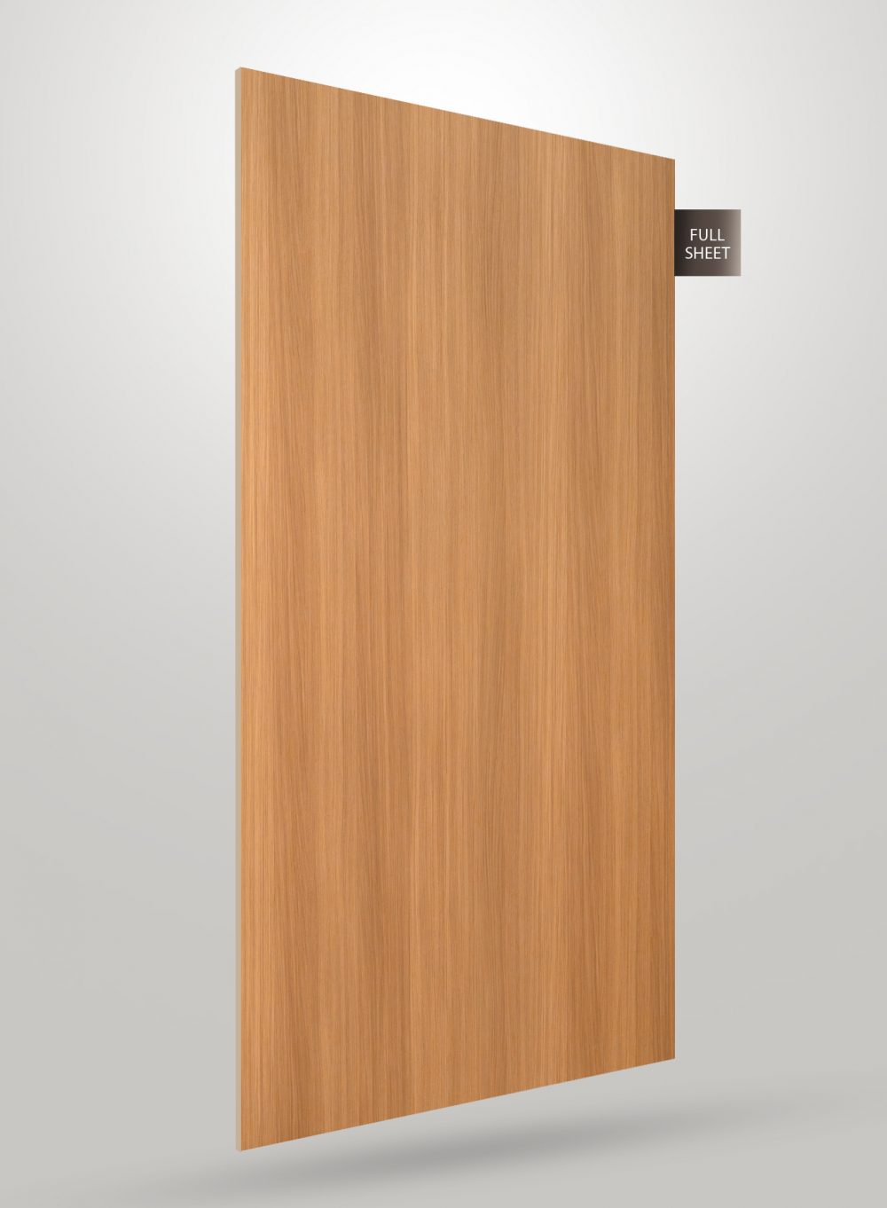 Brown wood grain decorative laminate sheet with matte finish and vertical grain pattern, labeled full sheet.