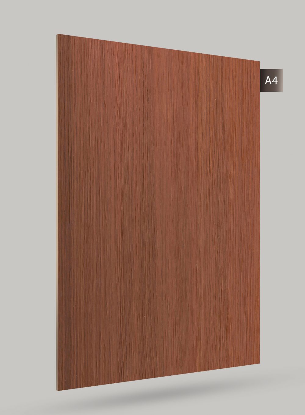 Brown wood grain decorative laminate with matte finish and vertical wood pattern texture on rectangular sheet.