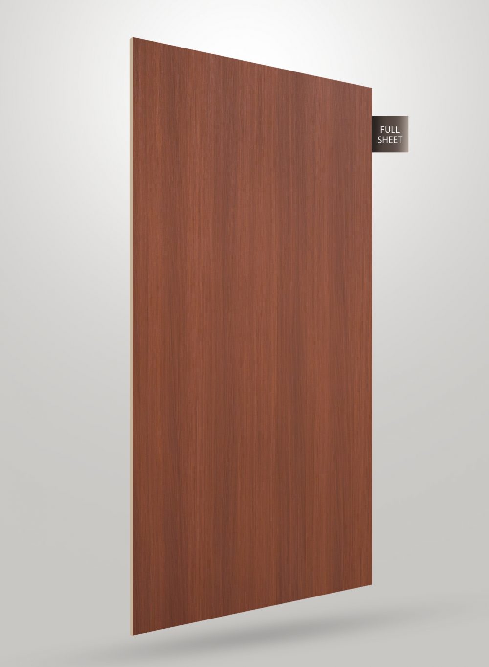 Brown wood grain decorative laminate sheet with straight grain pattern and matte finish, labeled full sheet.