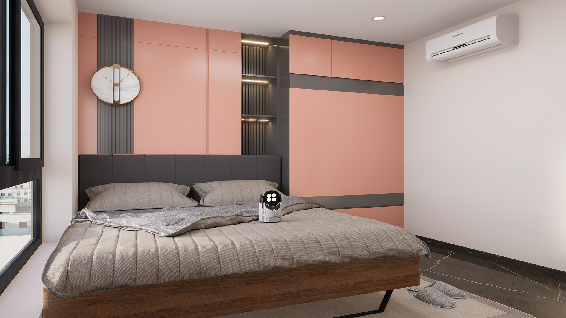 Matte pink solid colour laminate wall panels in modern bedroom interior with dark grey accents and wooden bed frame