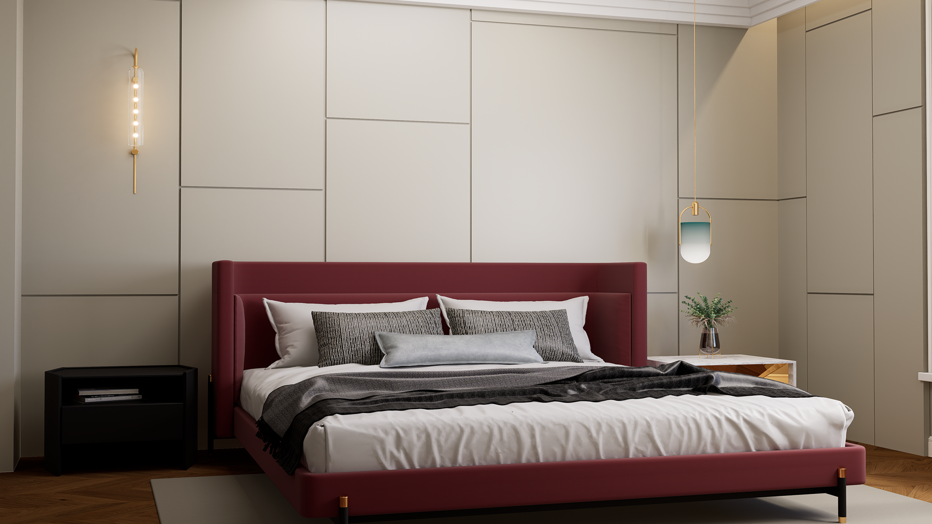 Grey matte laminate wall panels in a modern bedroom with a red bed and minimalist decor.