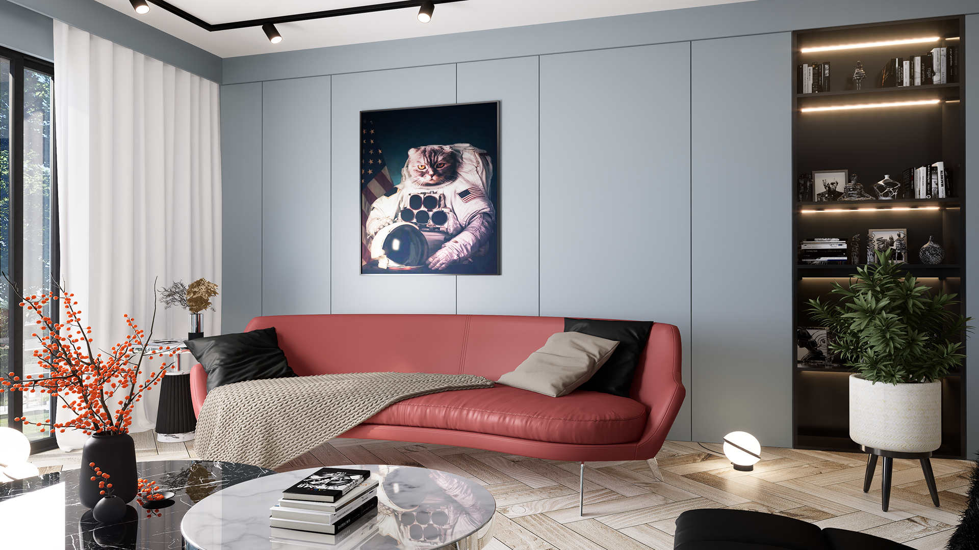 Grey matte laminate wall panels in modern living room with red sofa and decorative elements.