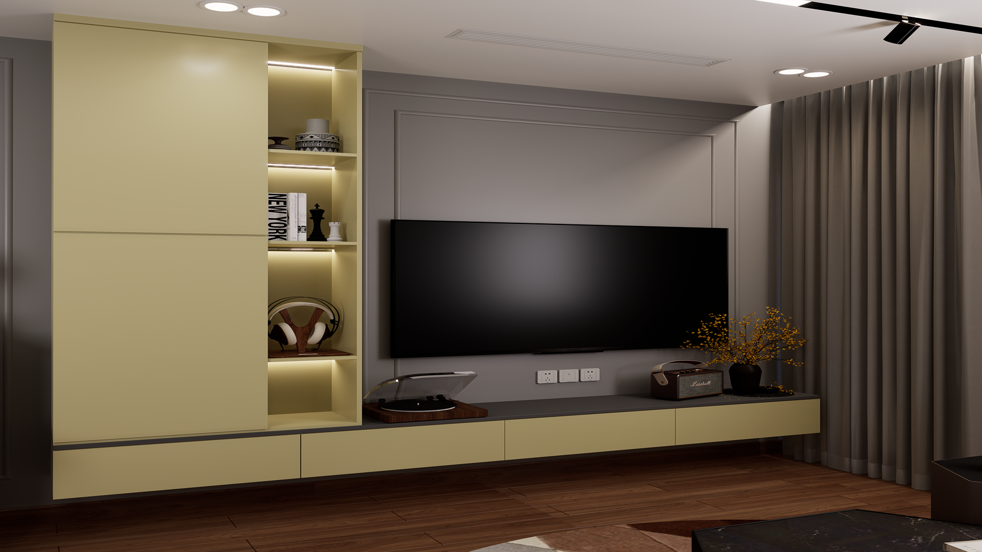 Yellow matte laminate cabinet and shelving unit in modern living room with TV and decorative items on display