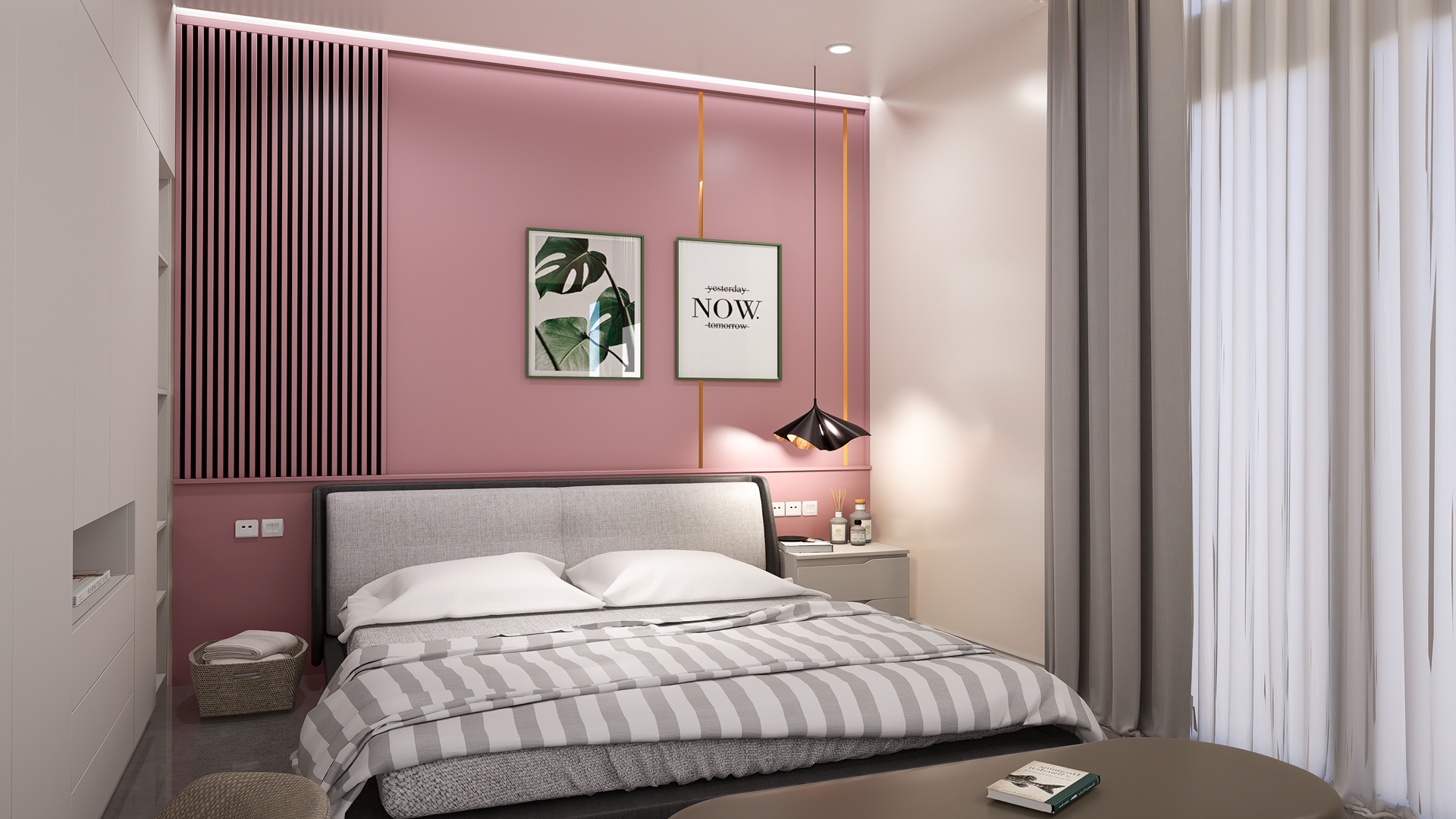 Matte pink solid colour laminate wall with vertical slats in modern bedroom interior design featuring minimalist decor and