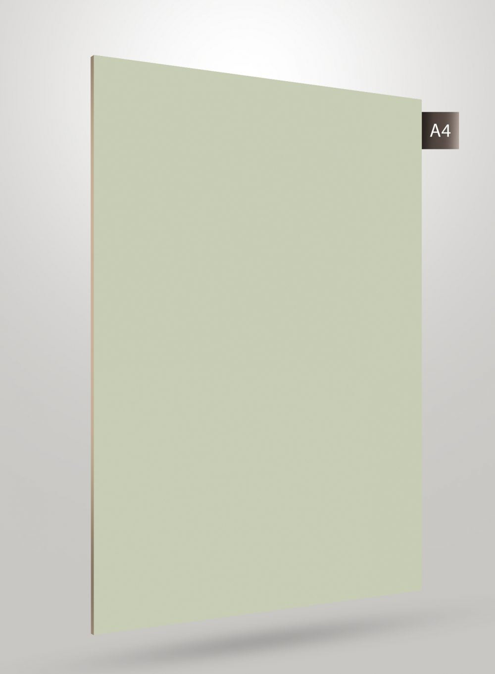 Solid green matte laminate sheet with flat finish and smooth surface, decorative laminate category.