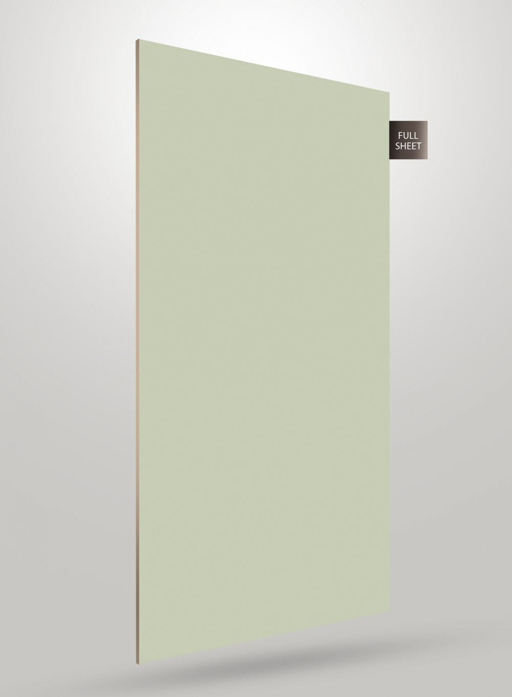 Solid green decorative laminate sheet with matte finish and smooth texture displayed upright with full sheet label.