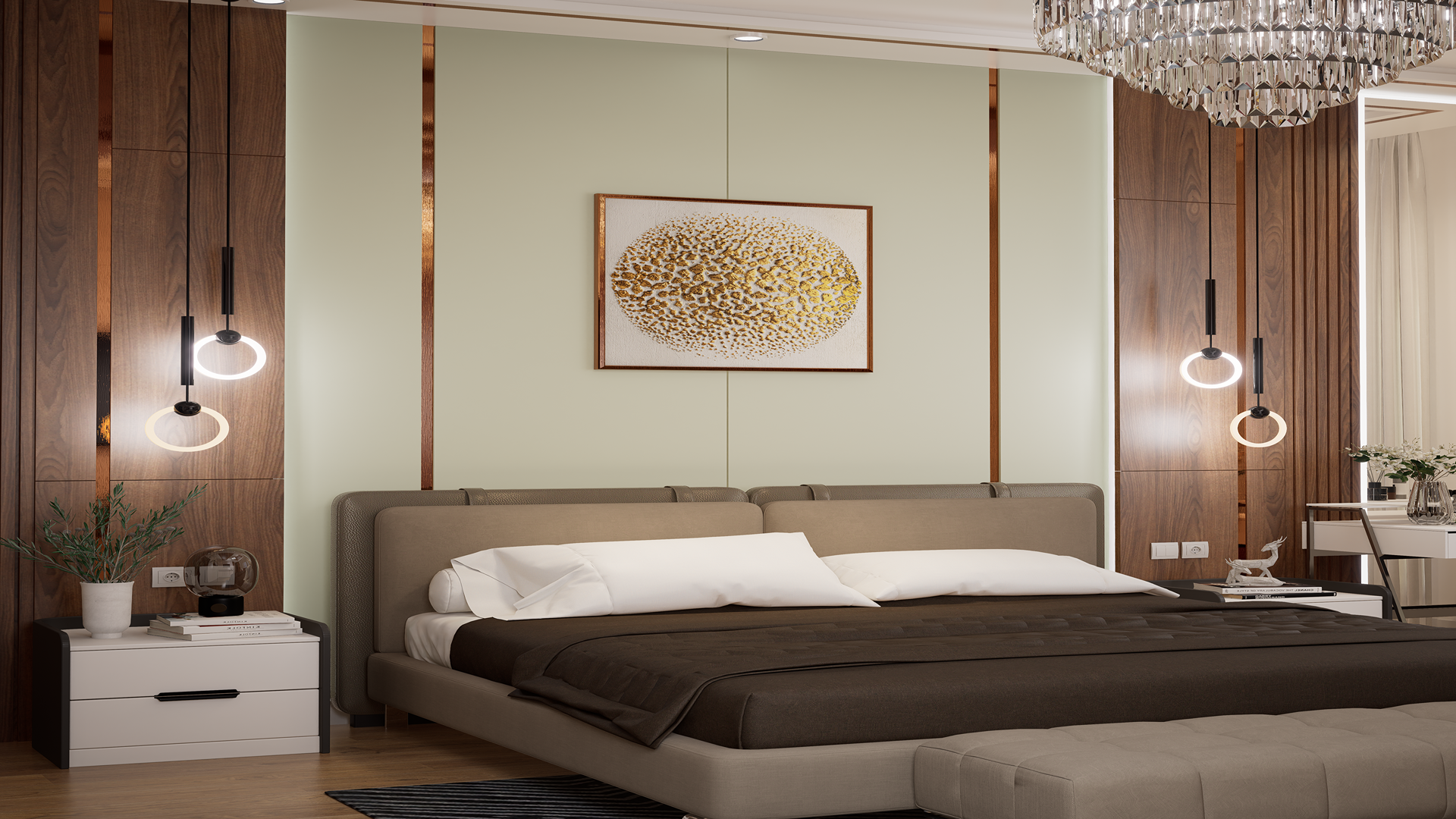 Solid green matte laminate wall panels in modern bedroom with wooden accents and minimalist decor.