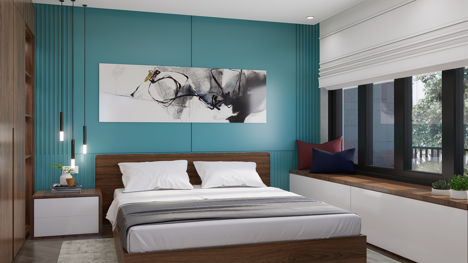 Blue matte laminate wall in modern bedroom with wooden furniture and abstract painting above the bed.