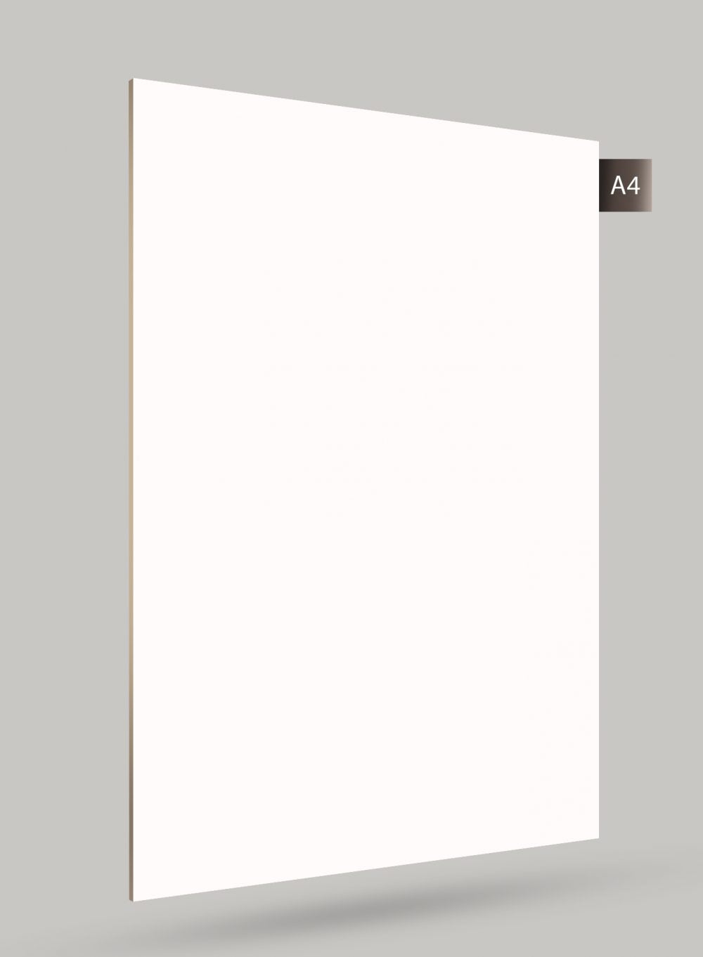 White solid colour laminate sheet with matte finish and smooth texture, displayed at an angle on grey background.