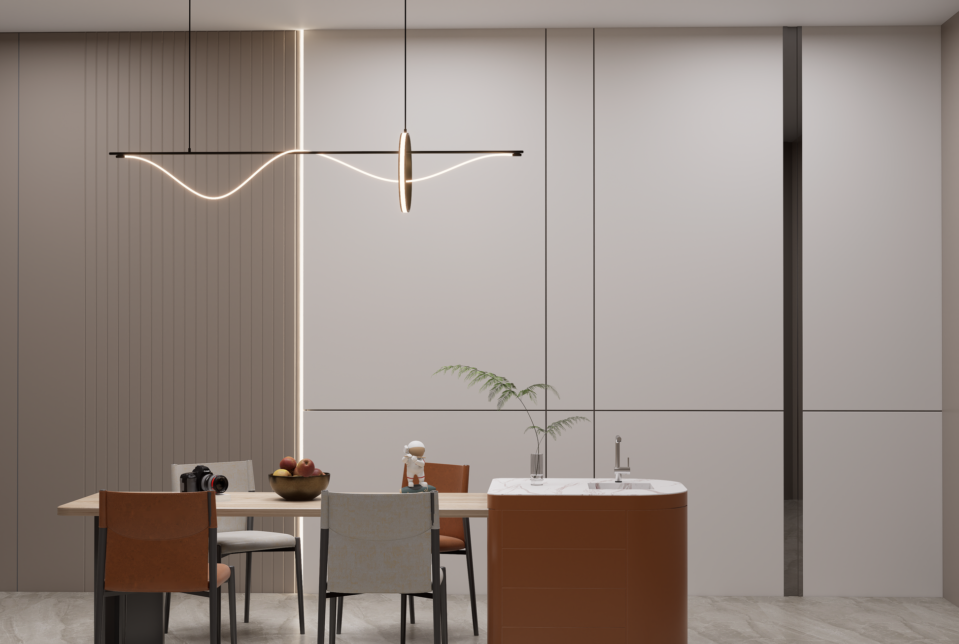 White matte laminate wall panels in a modern dining room with minimalist decor and sleek lighting fixtures