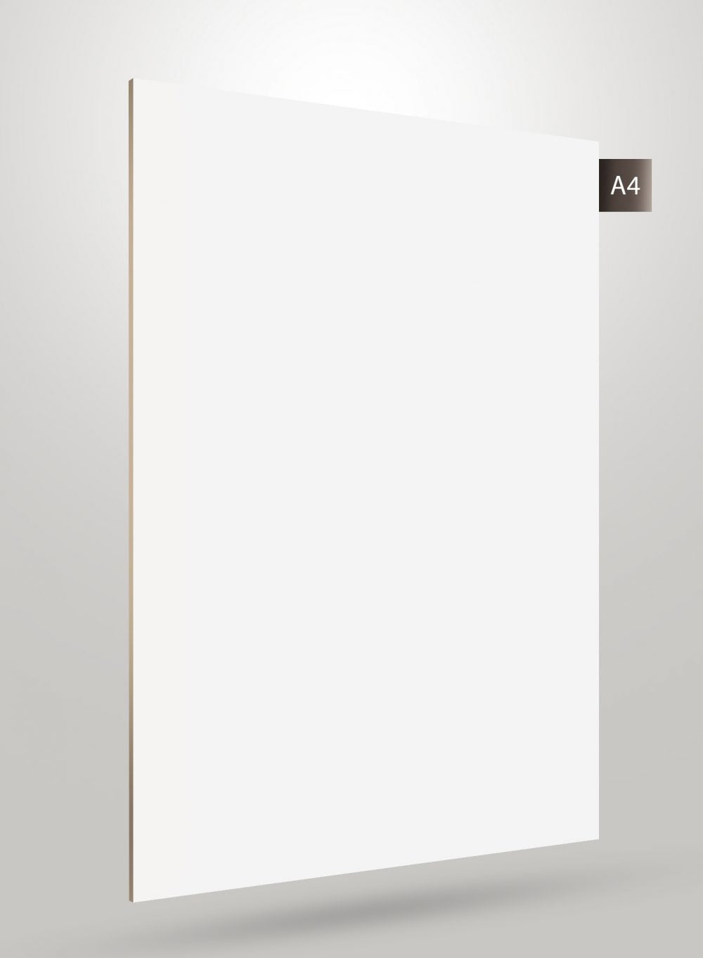 White matte laminate sheet with plain solid colour finish, subtle shadow effect, and A4 label on top right corner.