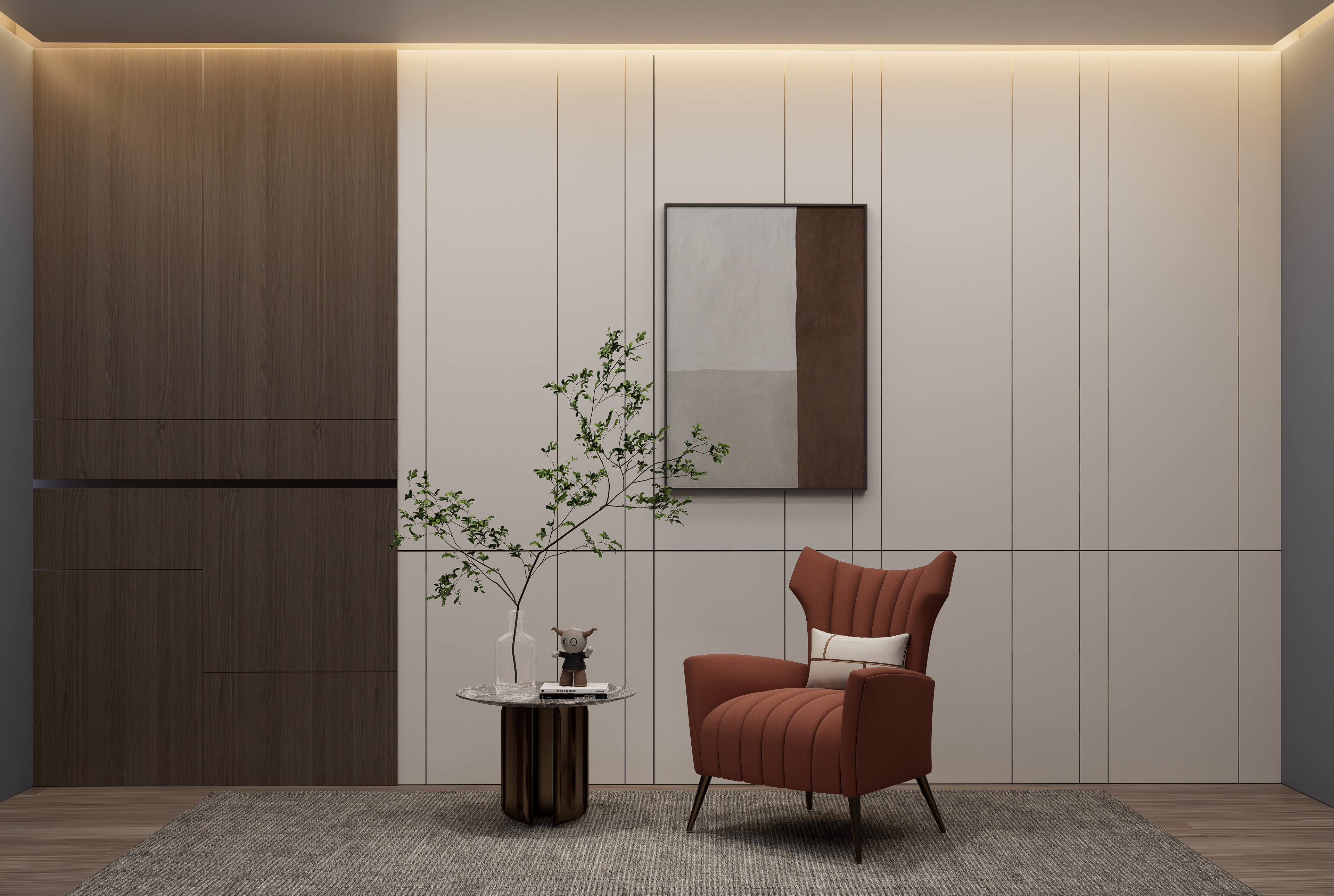 White matte laminate wall panels with subtle texture in a modern room setting with furniture and decor elements.