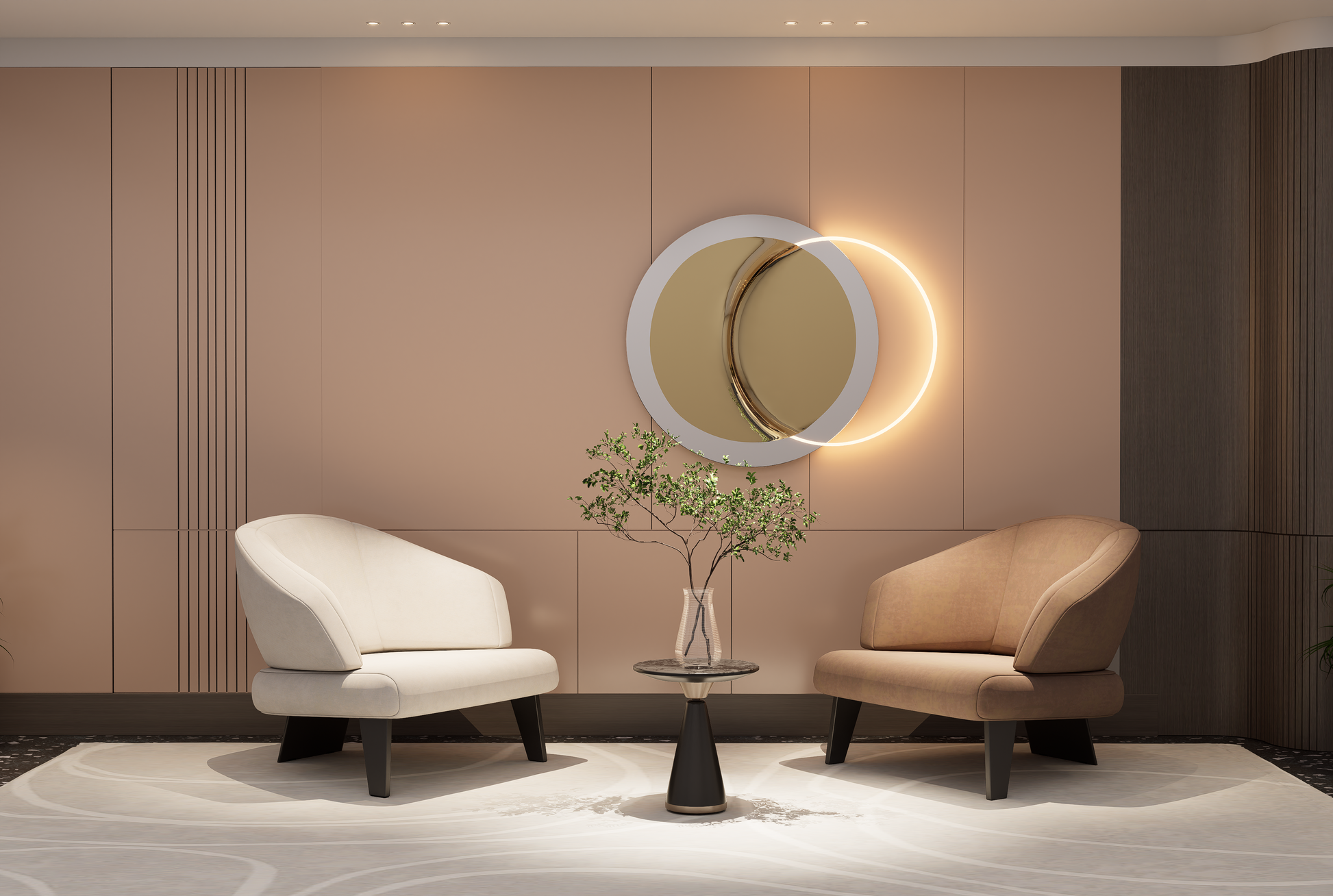 Matte pink solid color laminate wall panels in a modern room with minimalist decor and soft lighting.