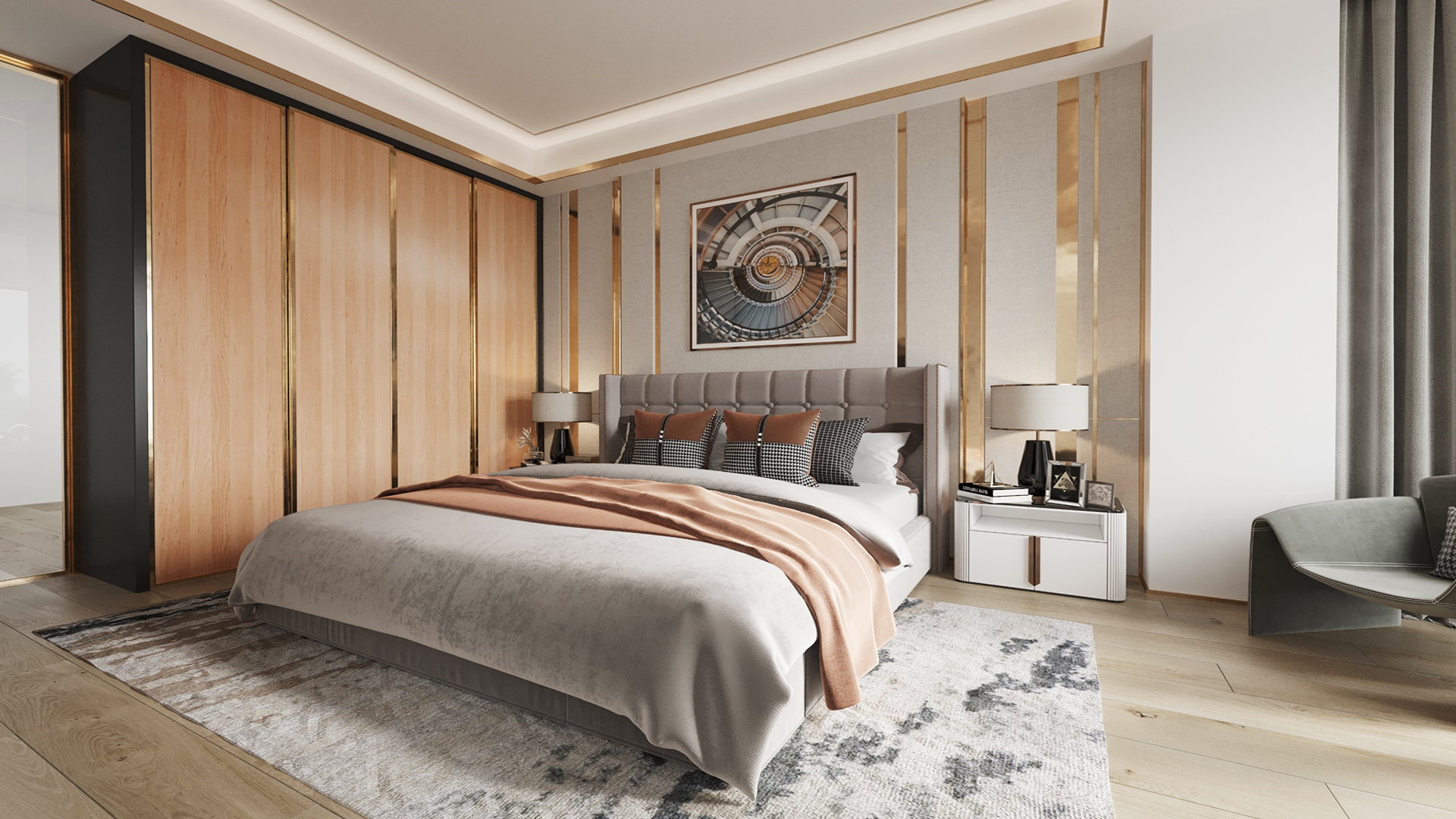 Beige wood laminate wall panels with wood grain texture in a modern bedroom setting with gold accents and furniture