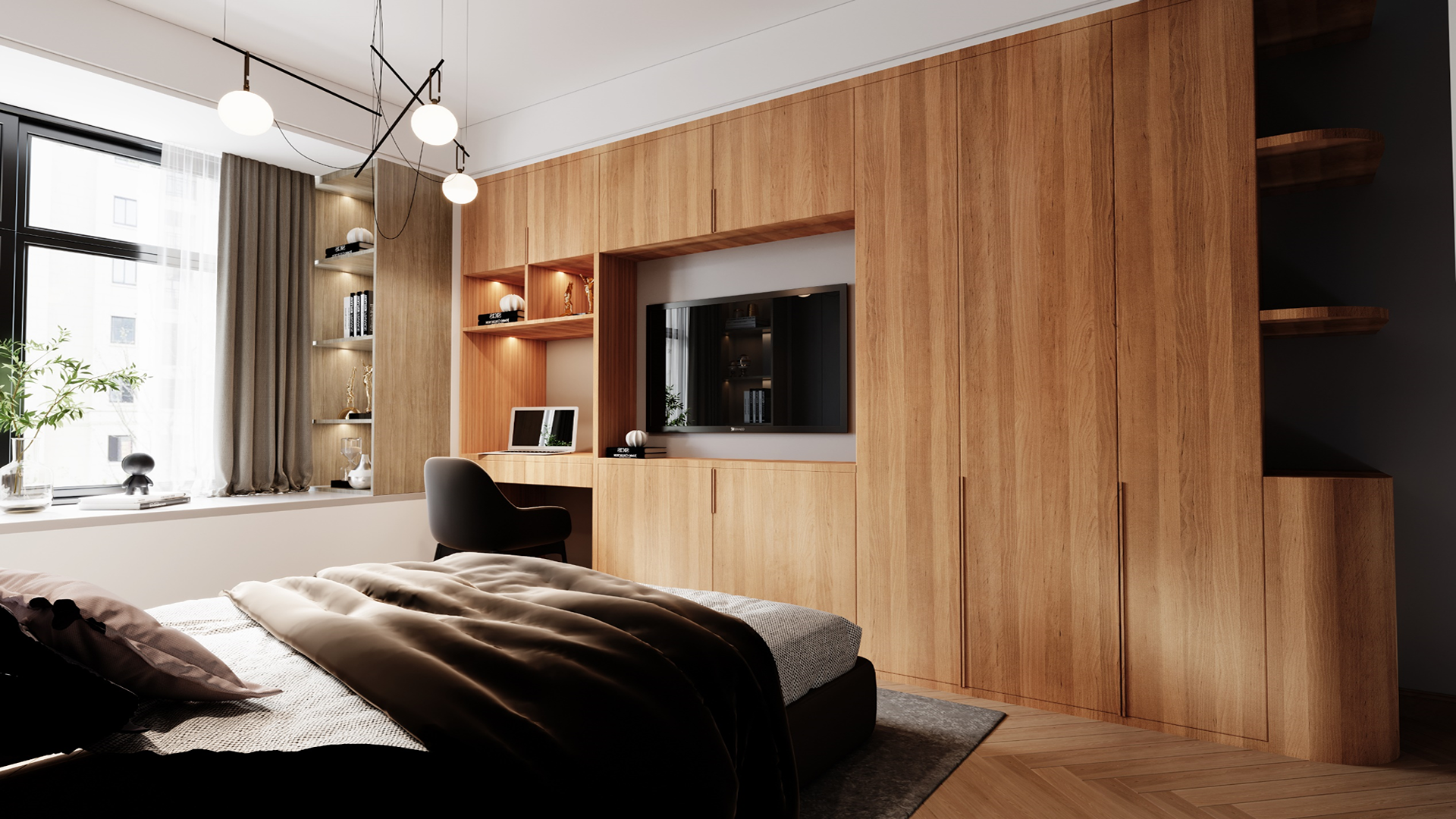 Brown wood grain laminate wall with matte finish used in modern bedroom with built-in cabinet and shelving unit