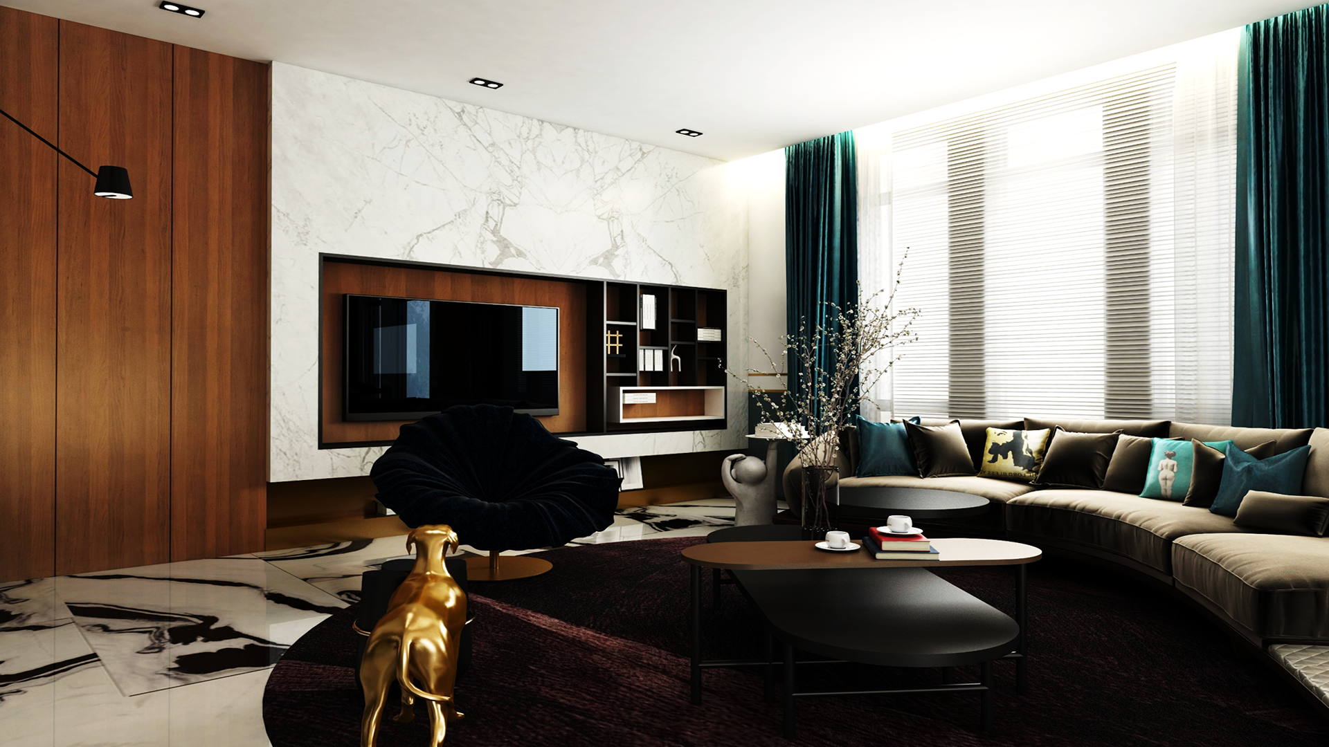 Brown wood laminate wall with matte finish and wood grain texture in a modern living room setting with decor elements.