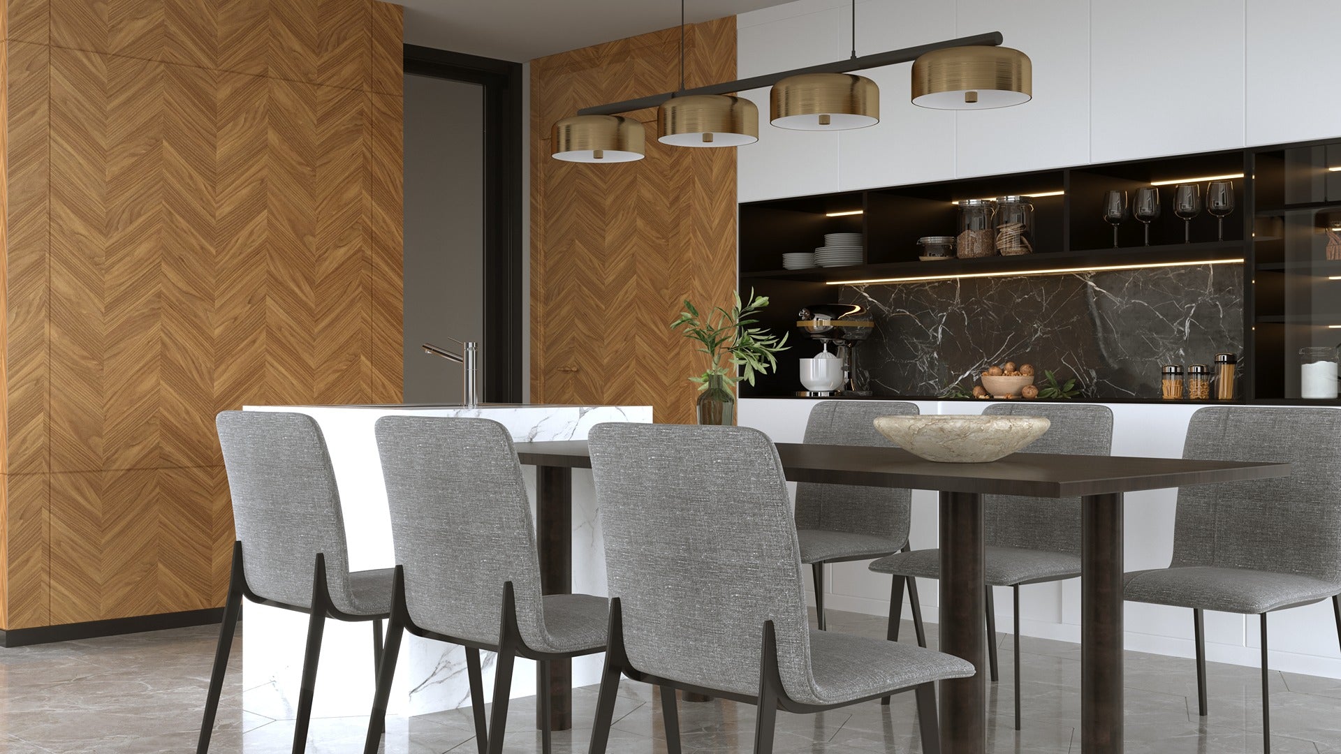 Wood laminate with herringbone pattern on dining room wall, showcasing wood grain texture and matte finish in a modern