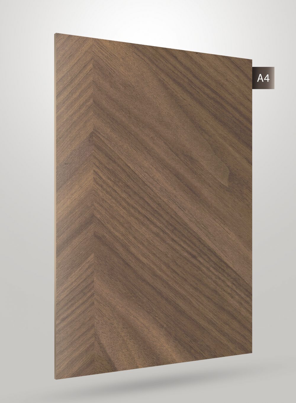 Brown wood grain decorative laminate with herringbone pattern and matte finish.