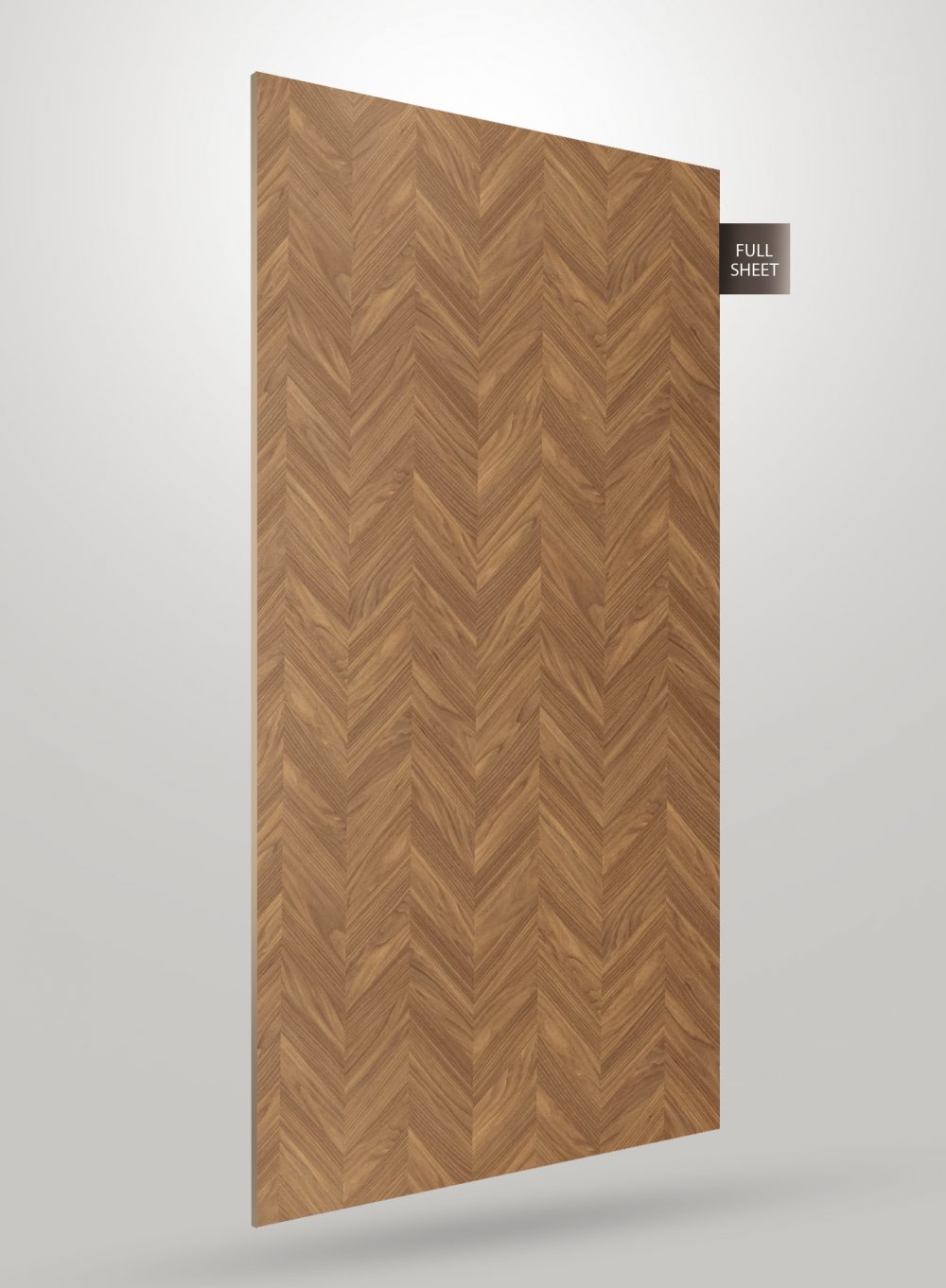 Wooden laminate sheet with herringbone pattern and matte finish, displaying wood grain texture and chevron design.
