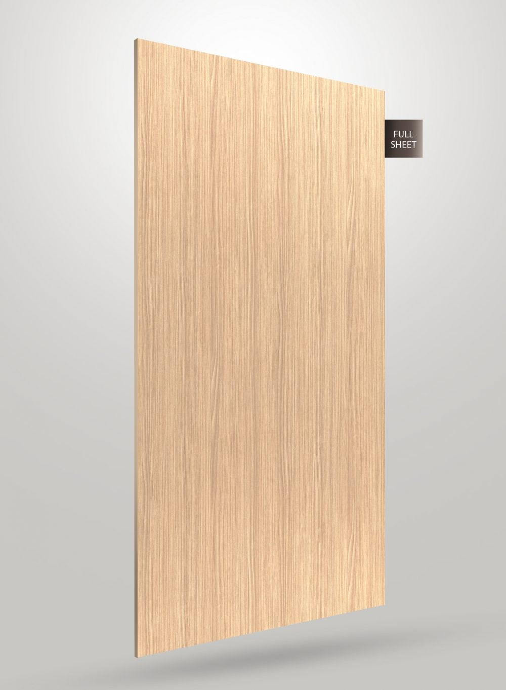Beige wood grain laminate sheet with matte finish and visible wood texture displayed on a grey background with full sheet